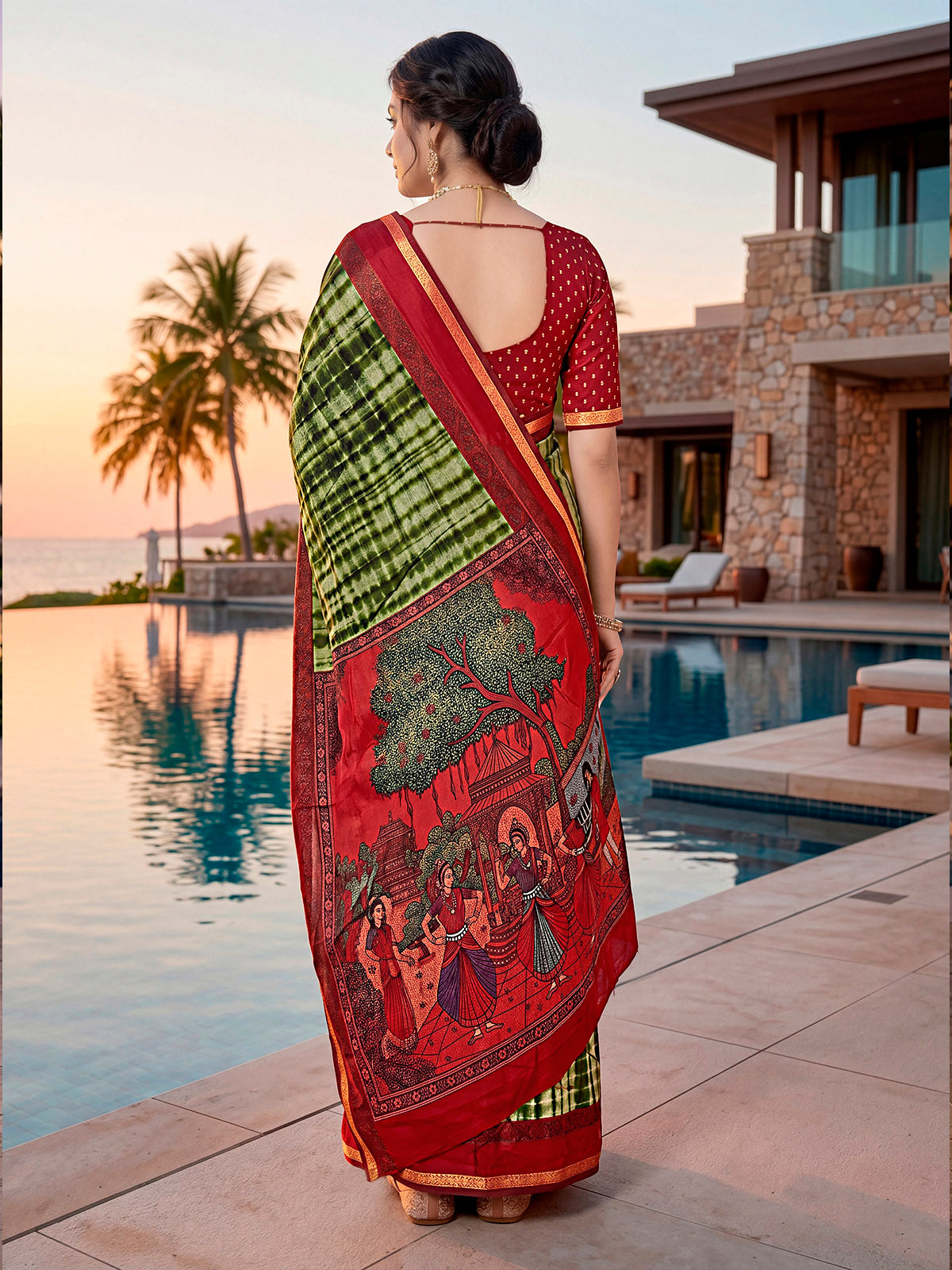 Monalisa - Green Printed Liva Cotton Silk Saree