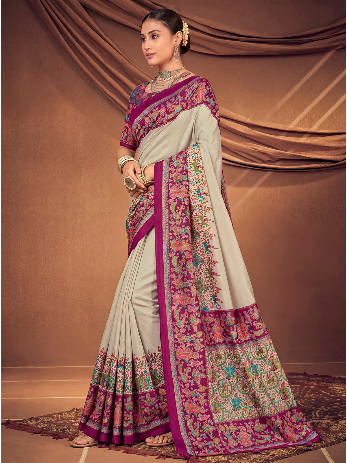 Kumuda - Light Grey Mysore Silk Jari Printed with Tessals