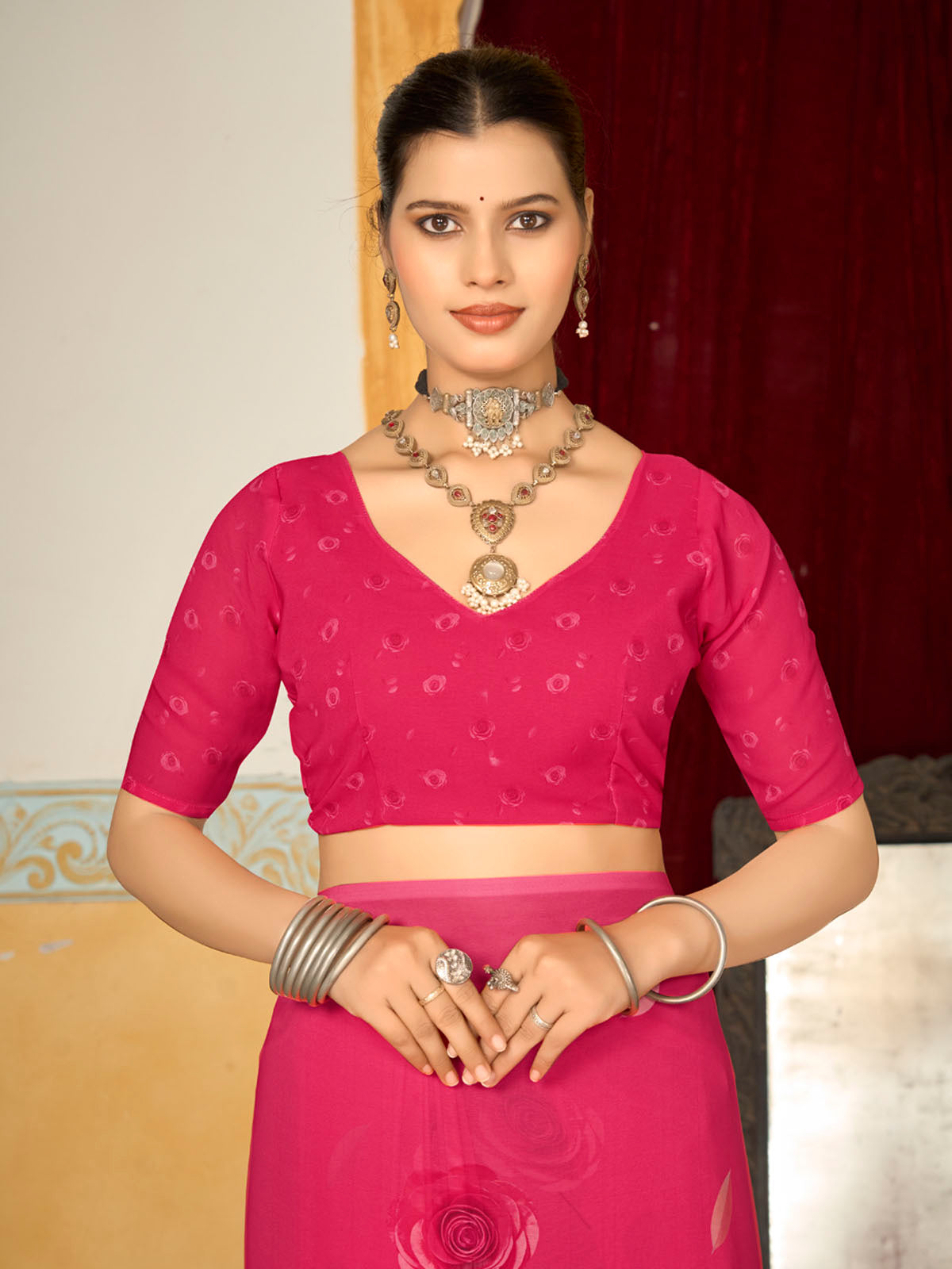 Riddhi - Pink Georgette Floral Digital Printed Saree