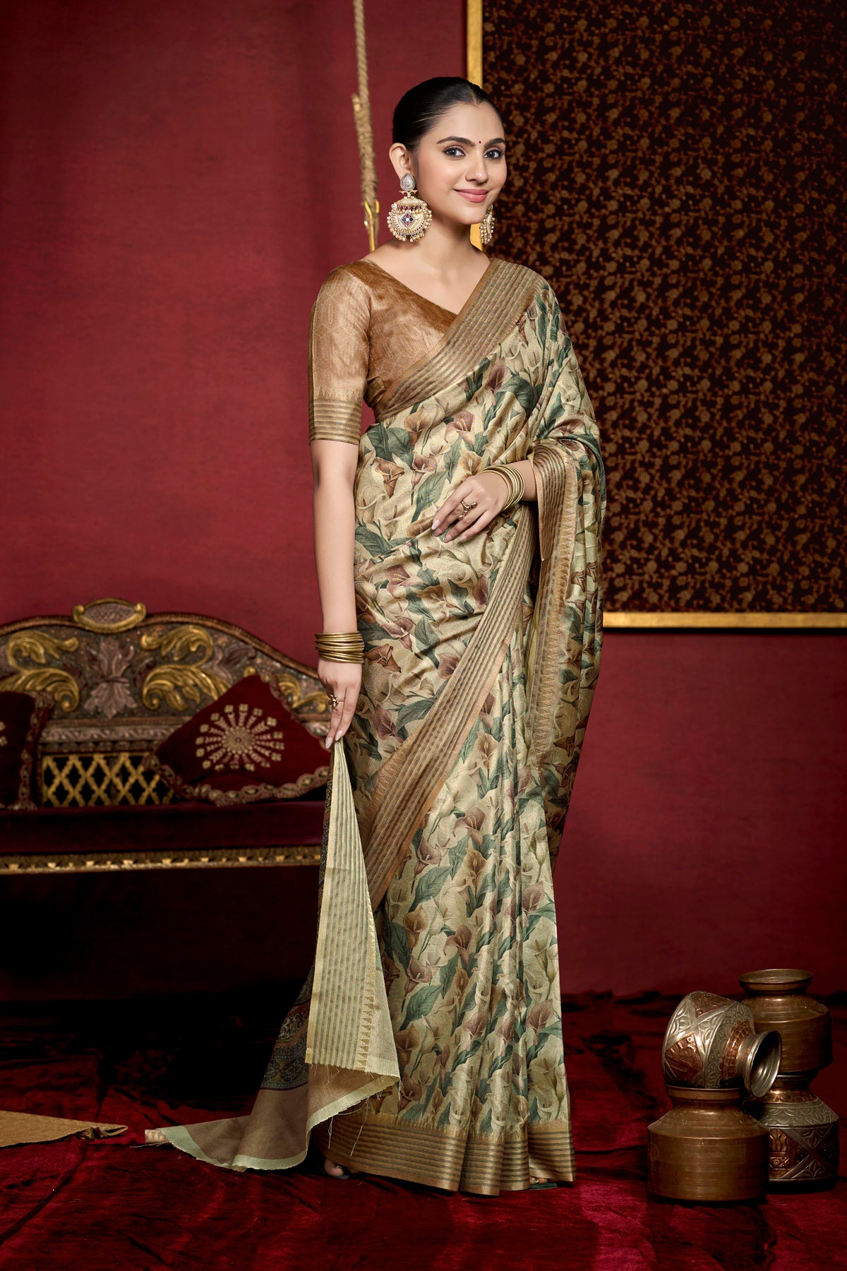 Veera - Mehandi Green Soft Silk Digital Printed Saree with Woven Border