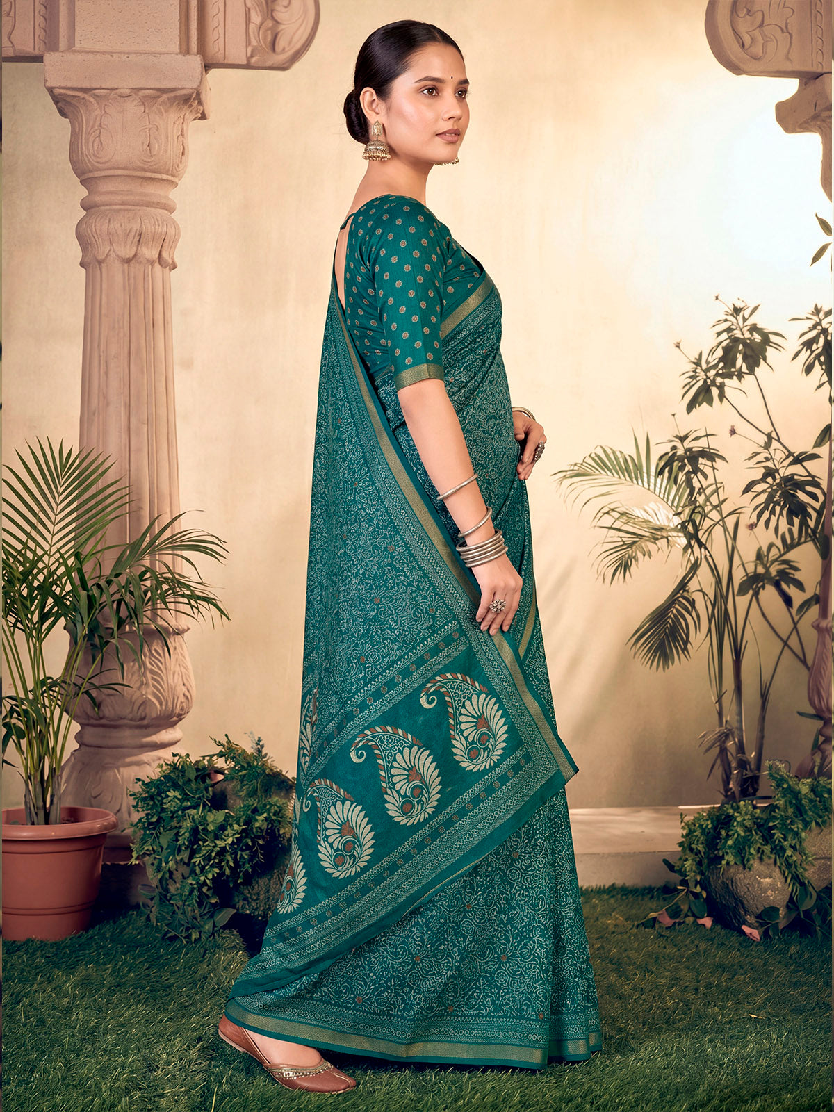 Amrapali - Teal Chanderi Cotton Digital Printed Saree with Zari Border