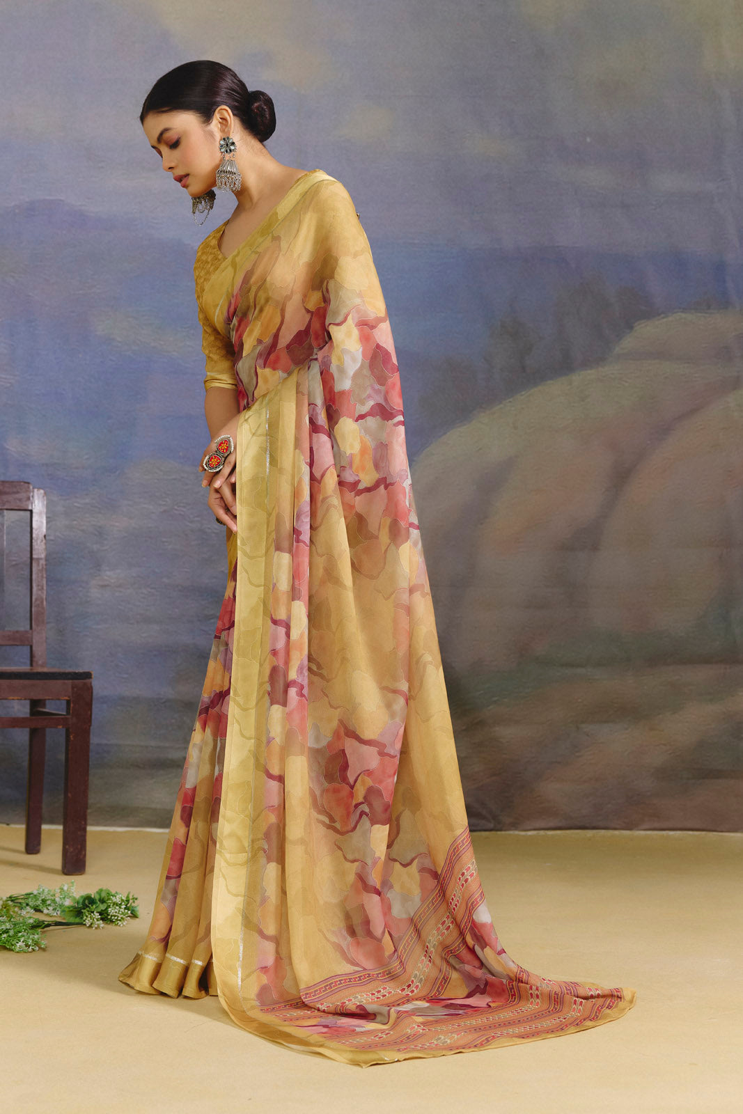 Samriddhi - Yellow Moss Georgette Digital Print Saree with Satin Patta Border