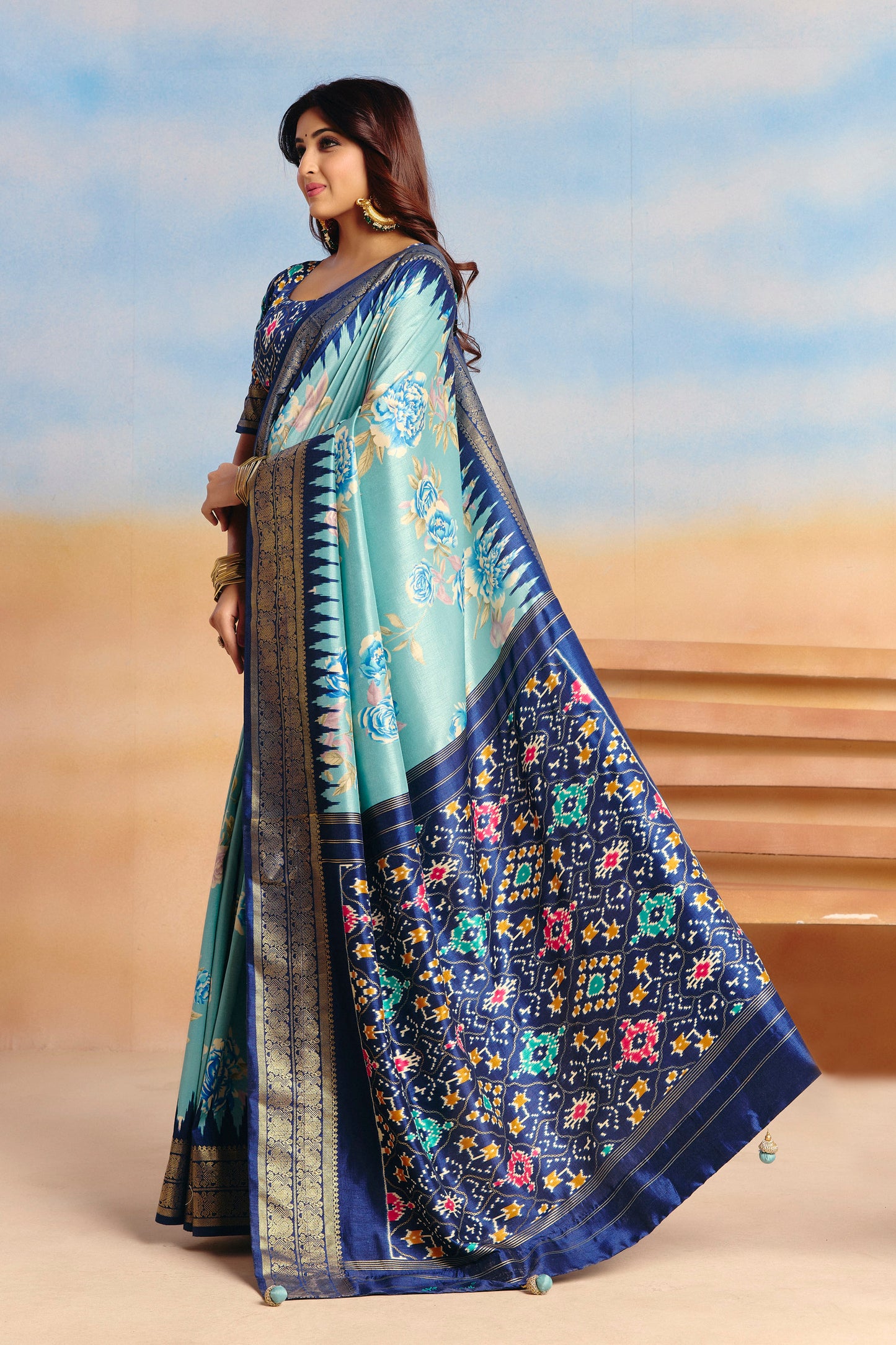 Rangrekha - Teal Floral Printed Soft Silk Saree