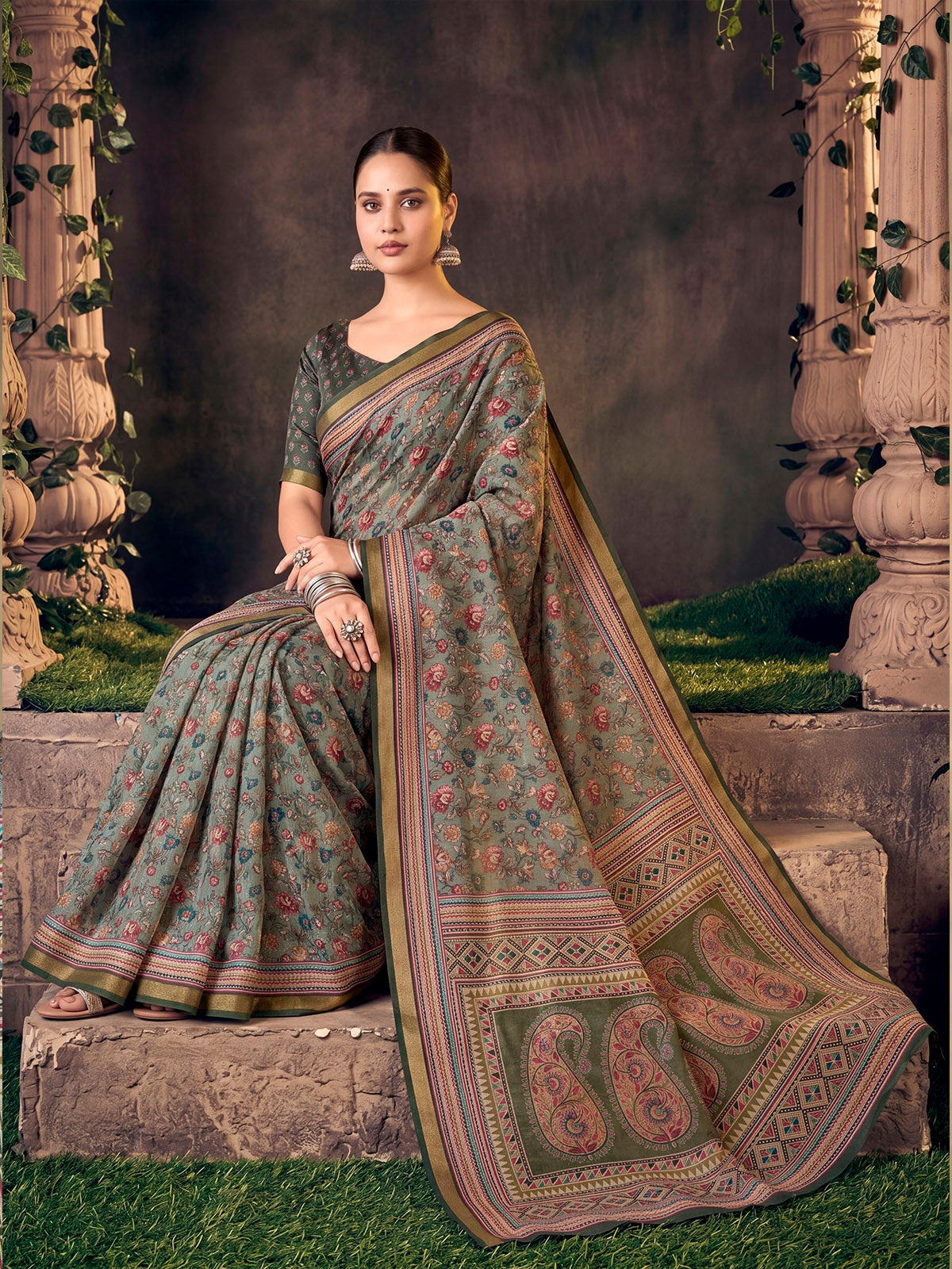 Amrapali - Grey Chanderi Cotton Digital Printed Saree with Zari Border