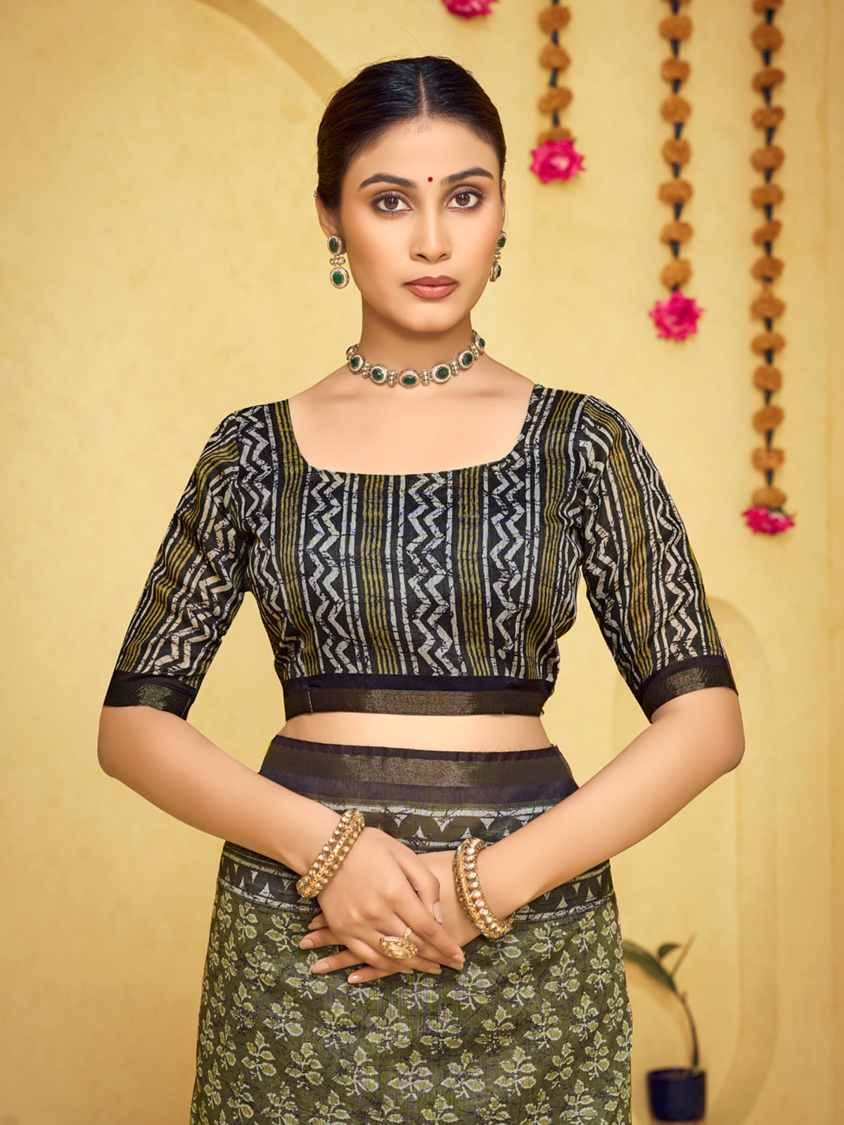 Amrapali - Mehandi Green Chanderi Cotton Digital Printed Saree with Zari Border