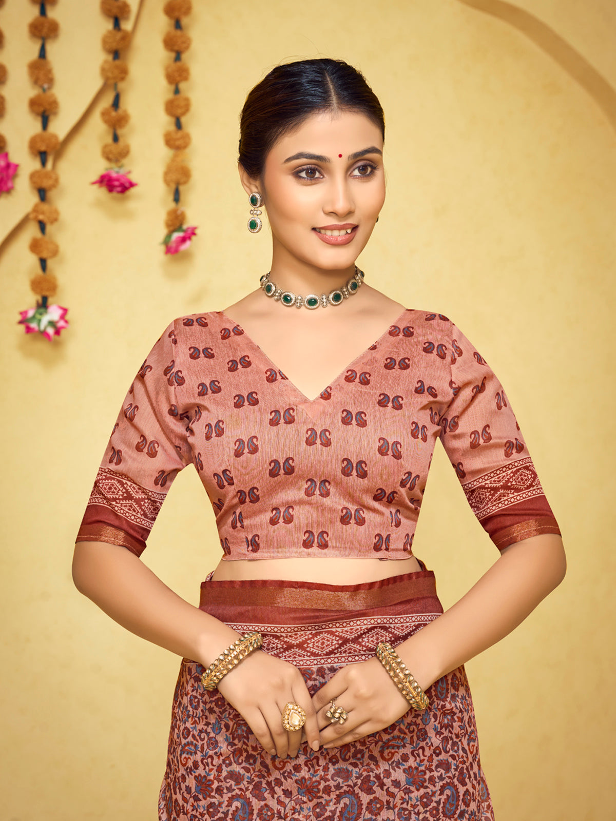 Amrapali - Peach Chanderi Cotton Digital Printed Saree with Zari Border