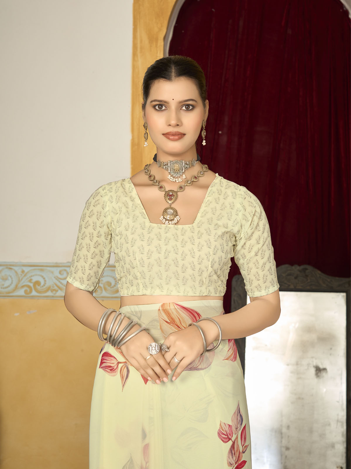 Riddhi - Cream Georgette Floral Digital Printed Saree