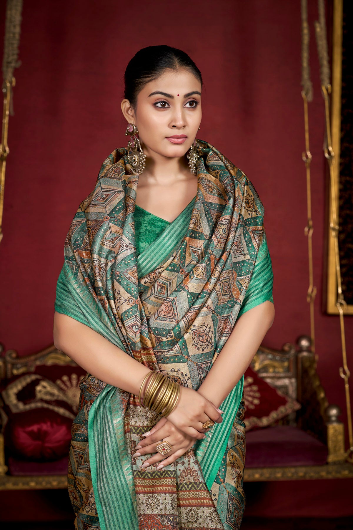 Veera - Sea Green Soft Silk Digital Printed Saree with Woven Border