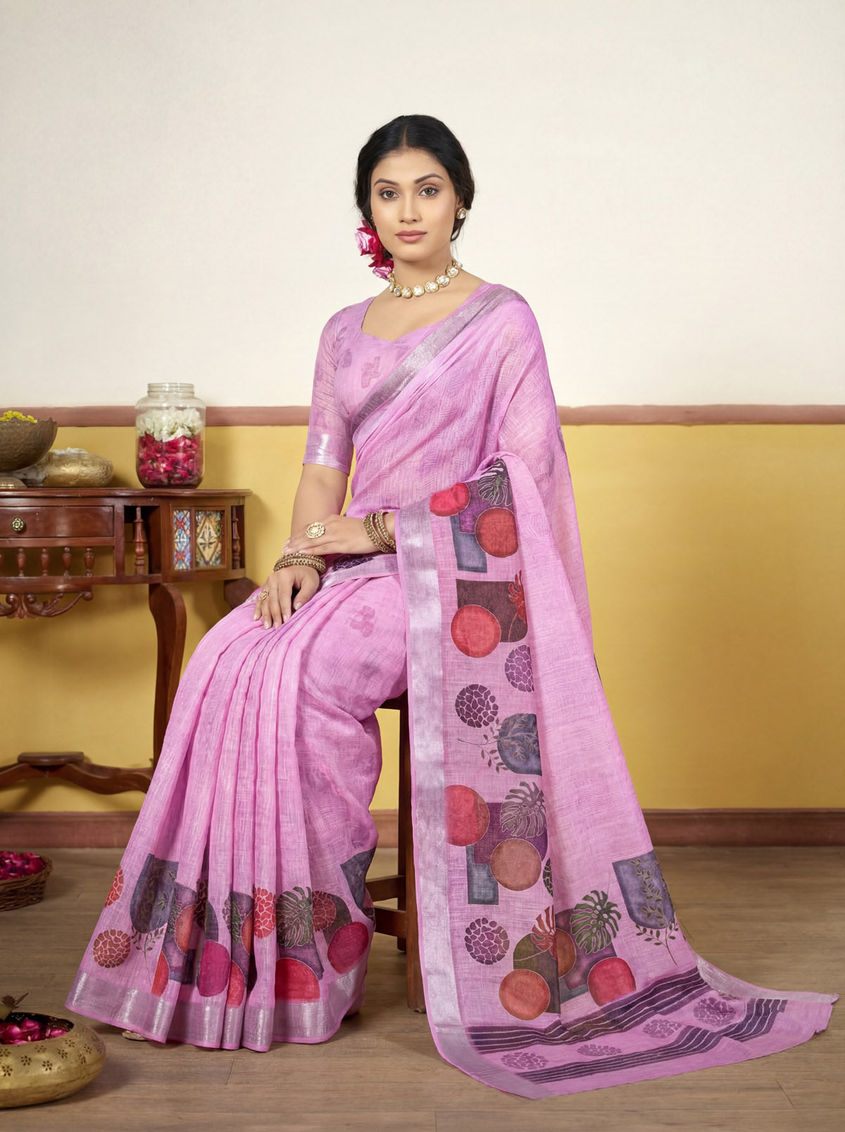 Rachna - Purple Linen Digital Print Saree with Woven Border