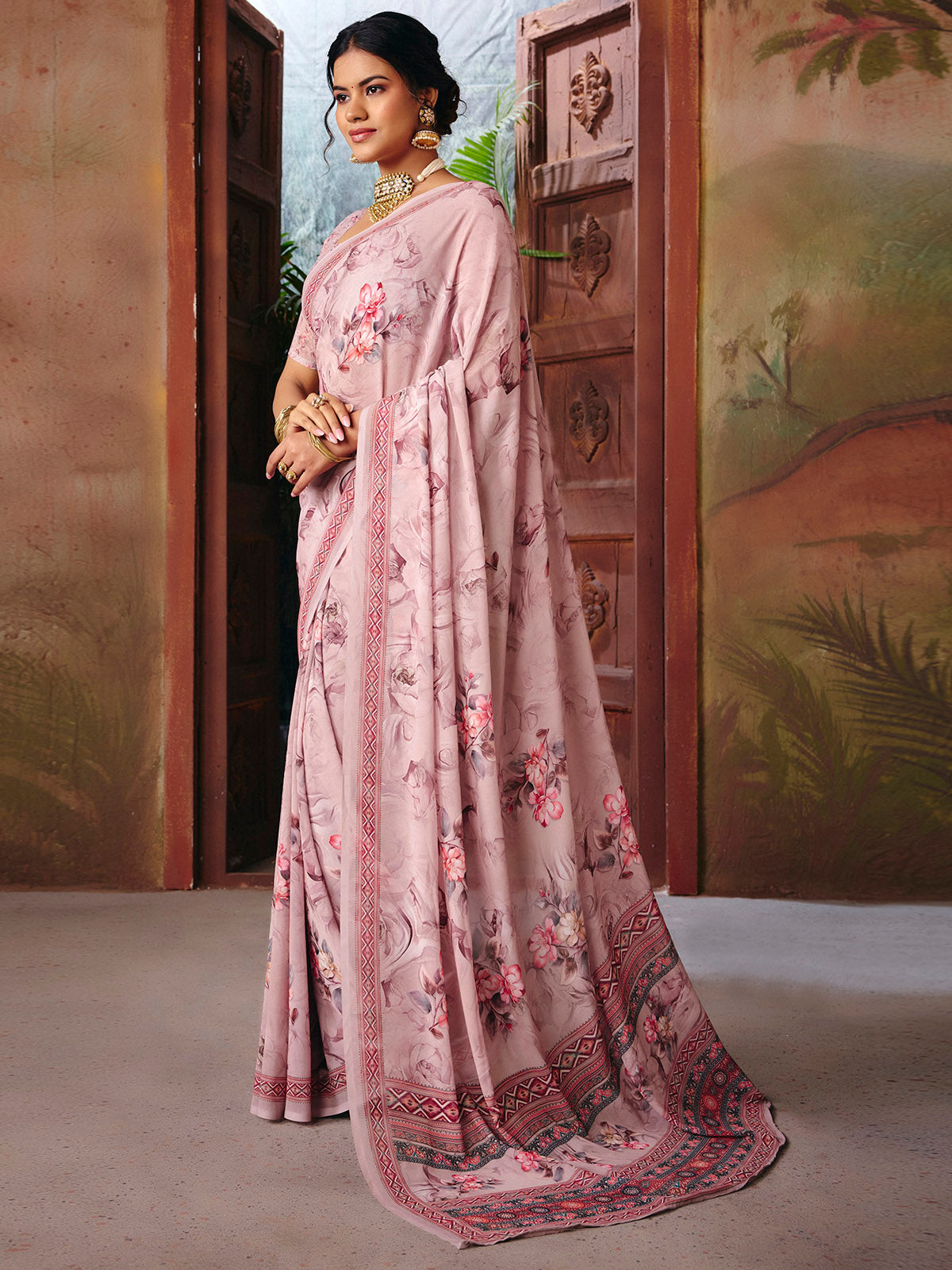 Riddhi - Rose Brown Georgette Floral Digital Printed Saree