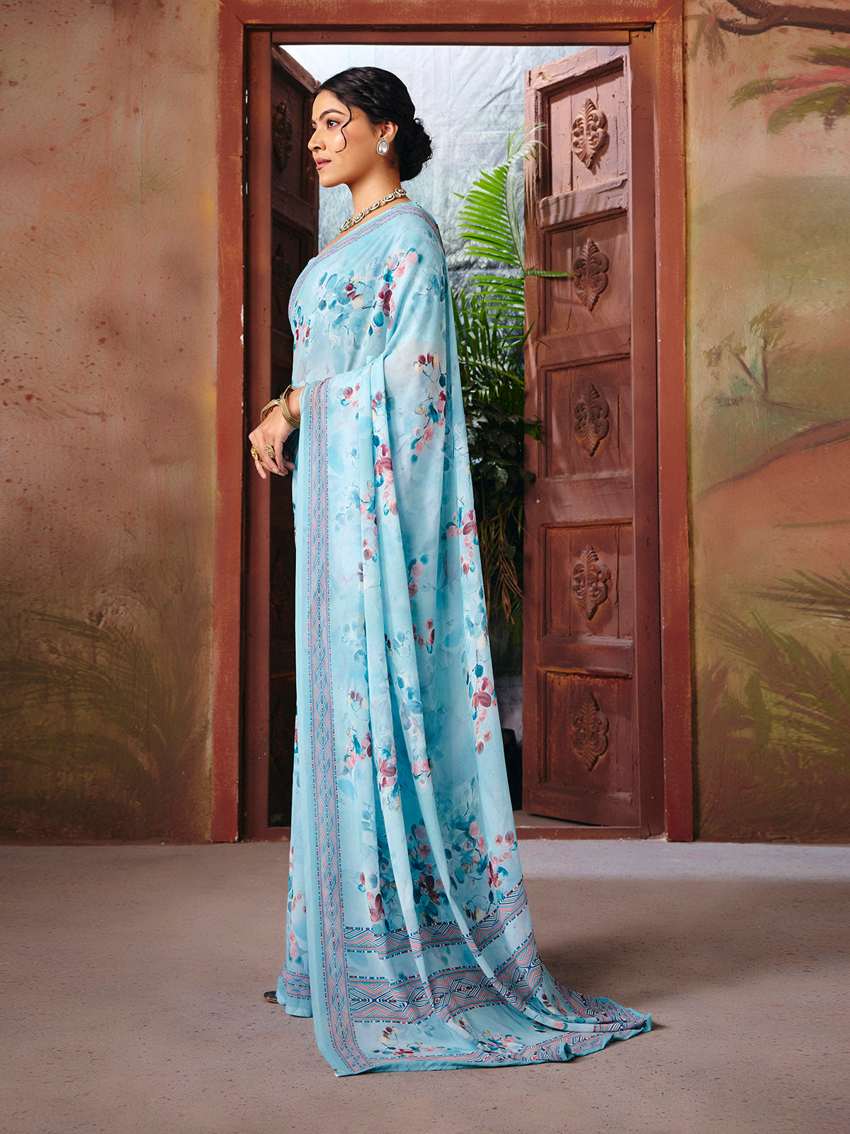 Riddhi - Sky Blue Georgette Floral Digital Printed Saree