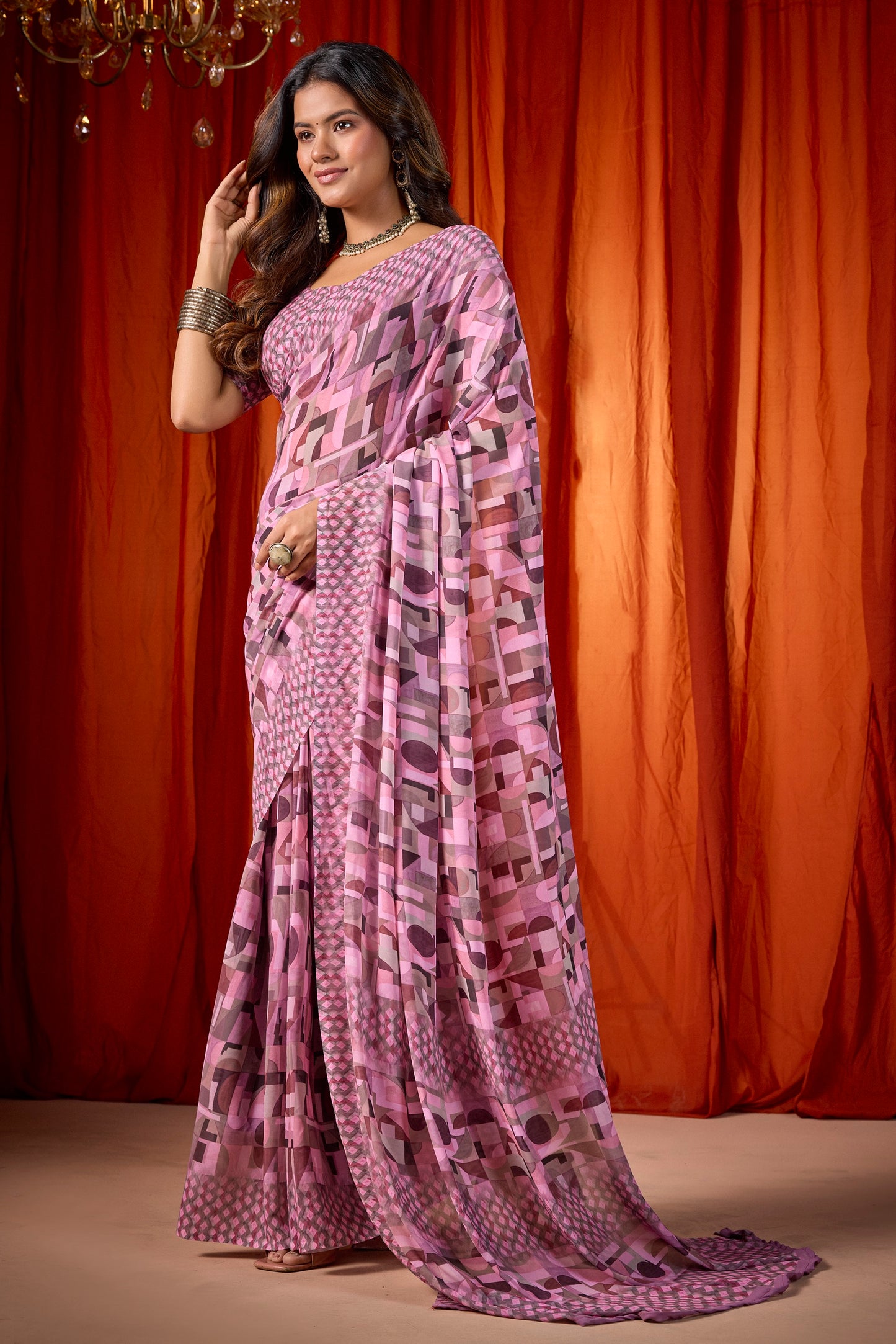 Shraddha - Pink Georgette Digital Printed Saree