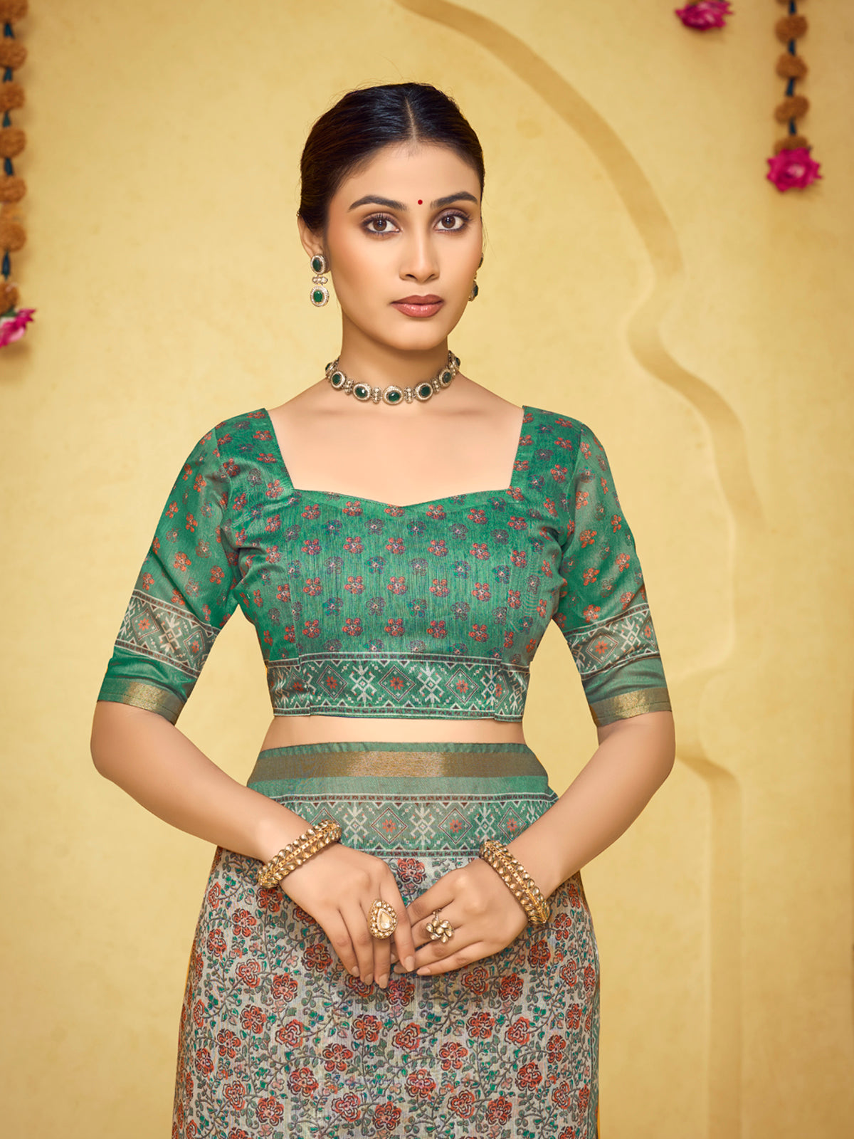 Amrapali - Sea Green Chanderi Cotton Digital Printed Saree with Zari Border