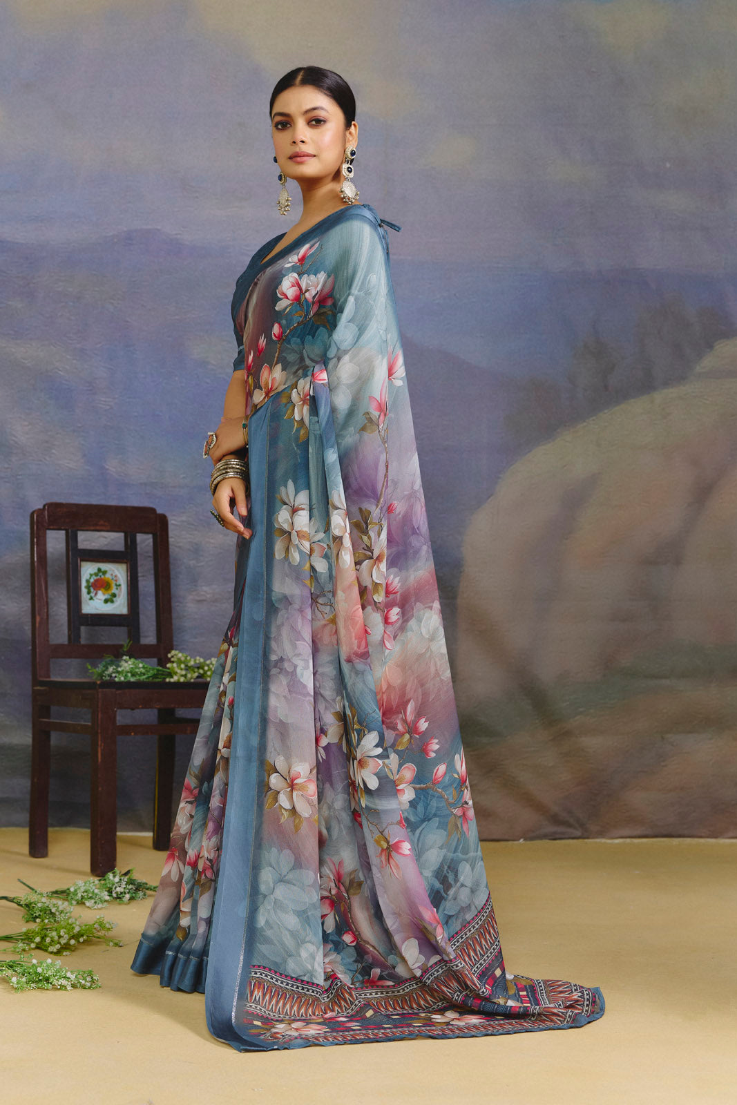 Samriddhi - Steel Blue Moss Georgette Digital Print Saree with Satin Patta Border