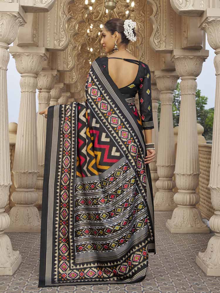 Gulmarg - Black Silk Digital Printed Saree with Zari Border