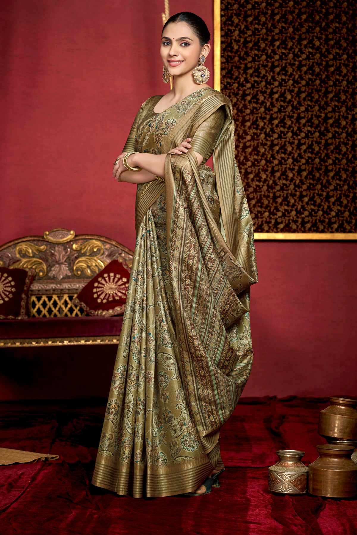 Veera - Olive Green Soft Silk Digital Printed Saree with Woven Border