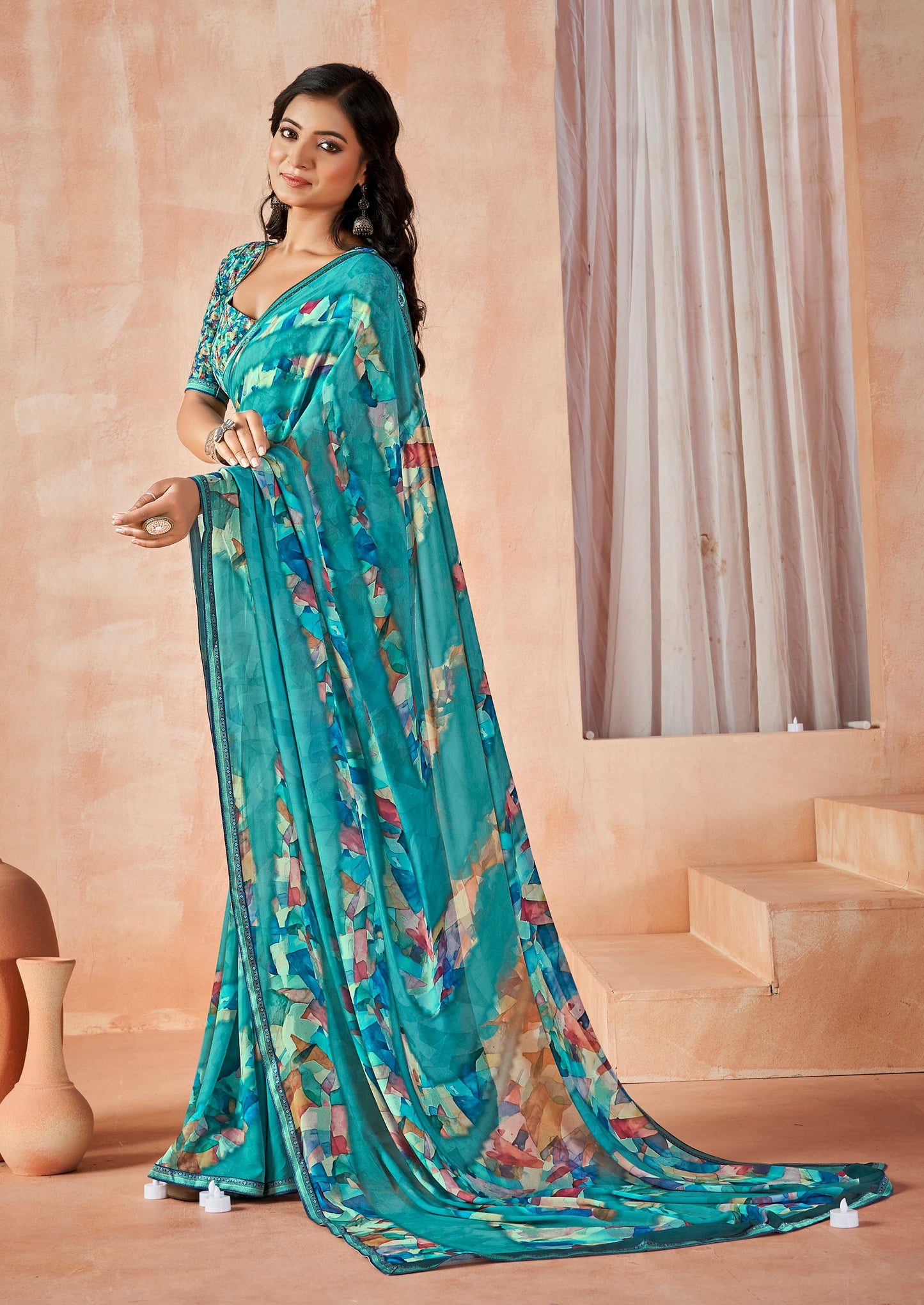Sumedha - Turquoise Digital Printed Georgette Saree