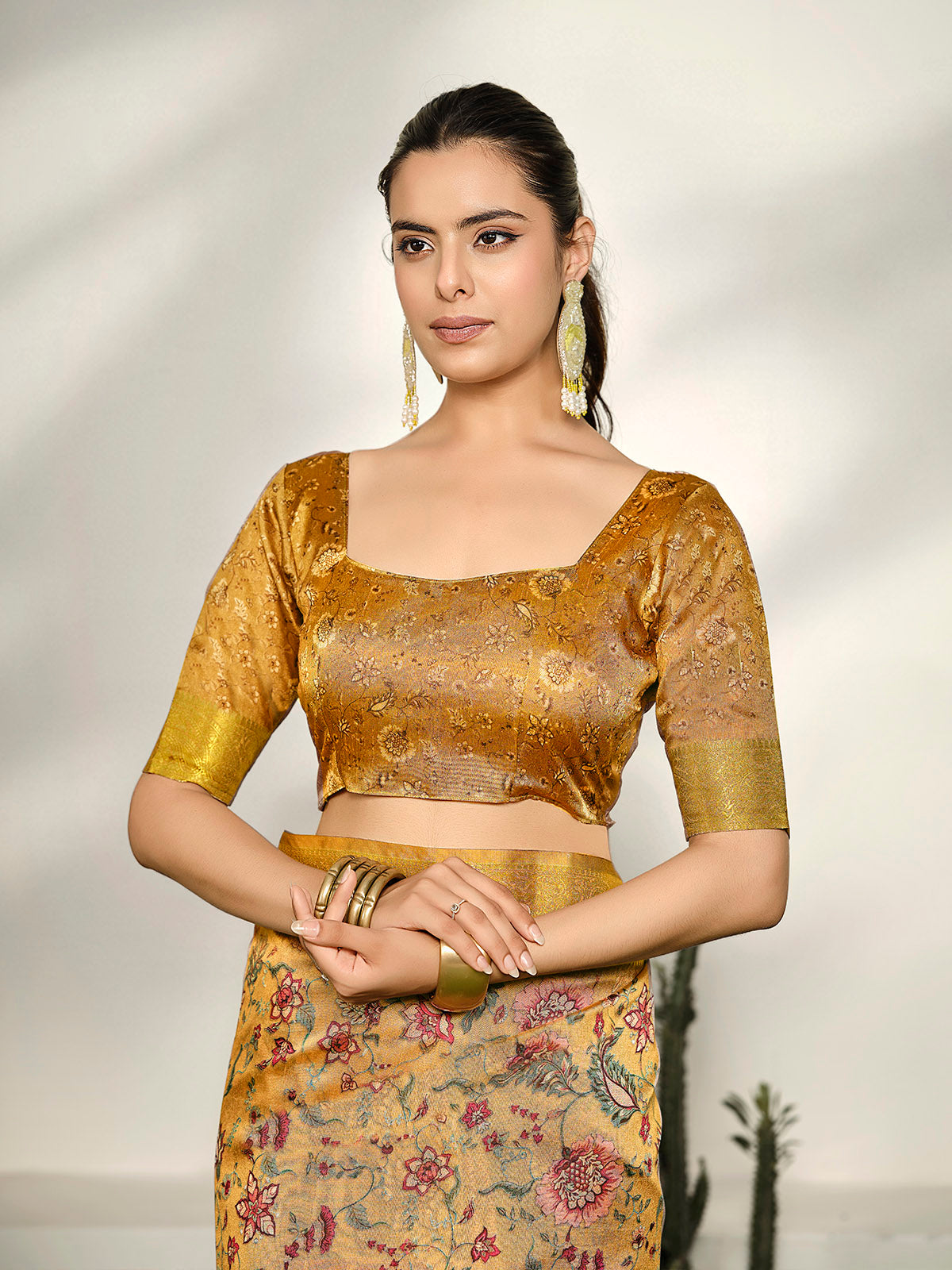 Varnika - Golden Digital Printed Moss Georgette Saree with Woven Border