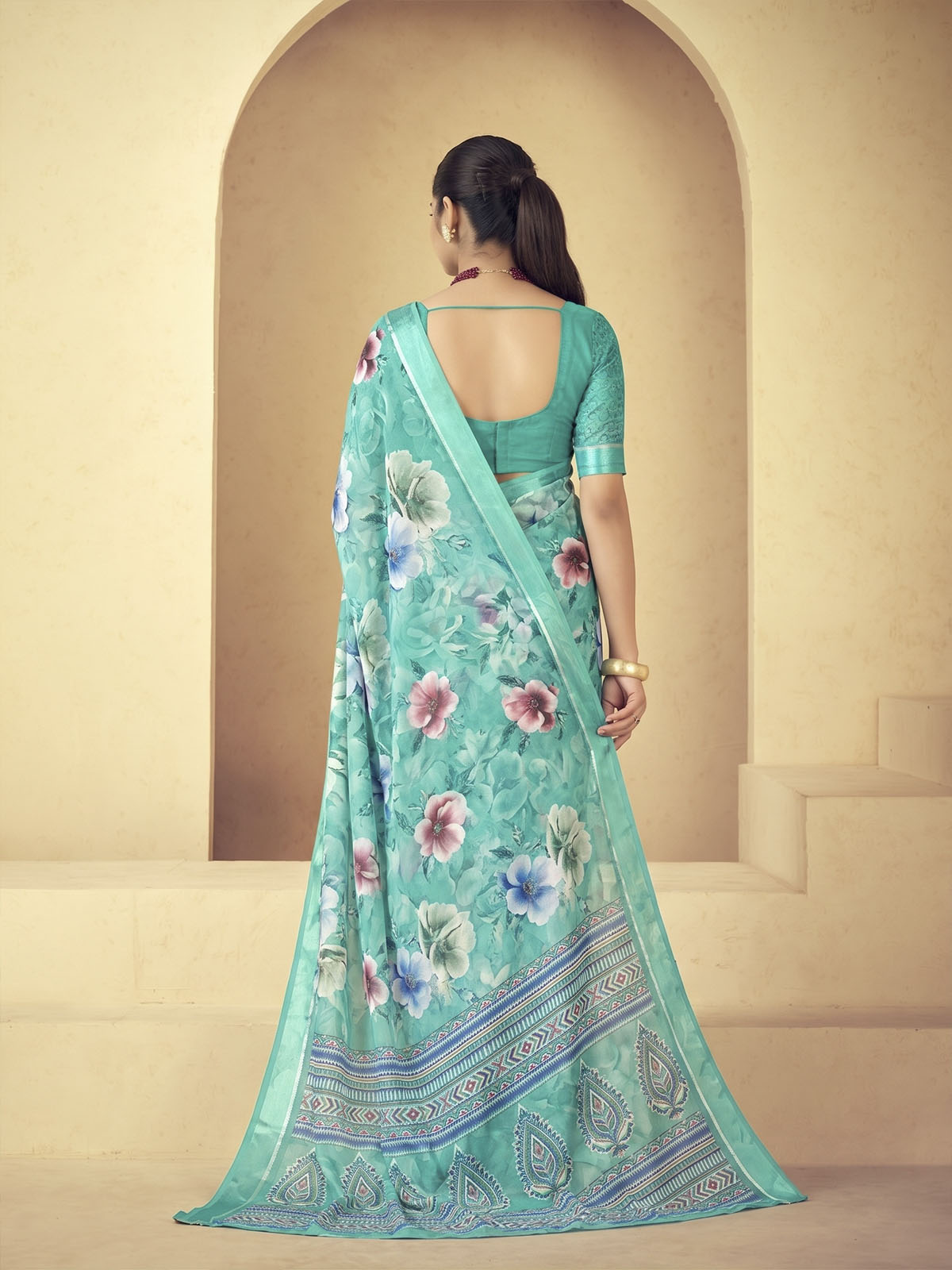 Samriddhi - Turquoise Moss Georgette Digital Print Saree with Satin Patta Border
