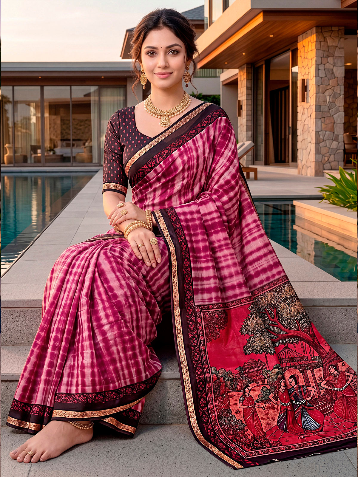 Monalisa - Pink Printed Liva Cotton Silk Saree
