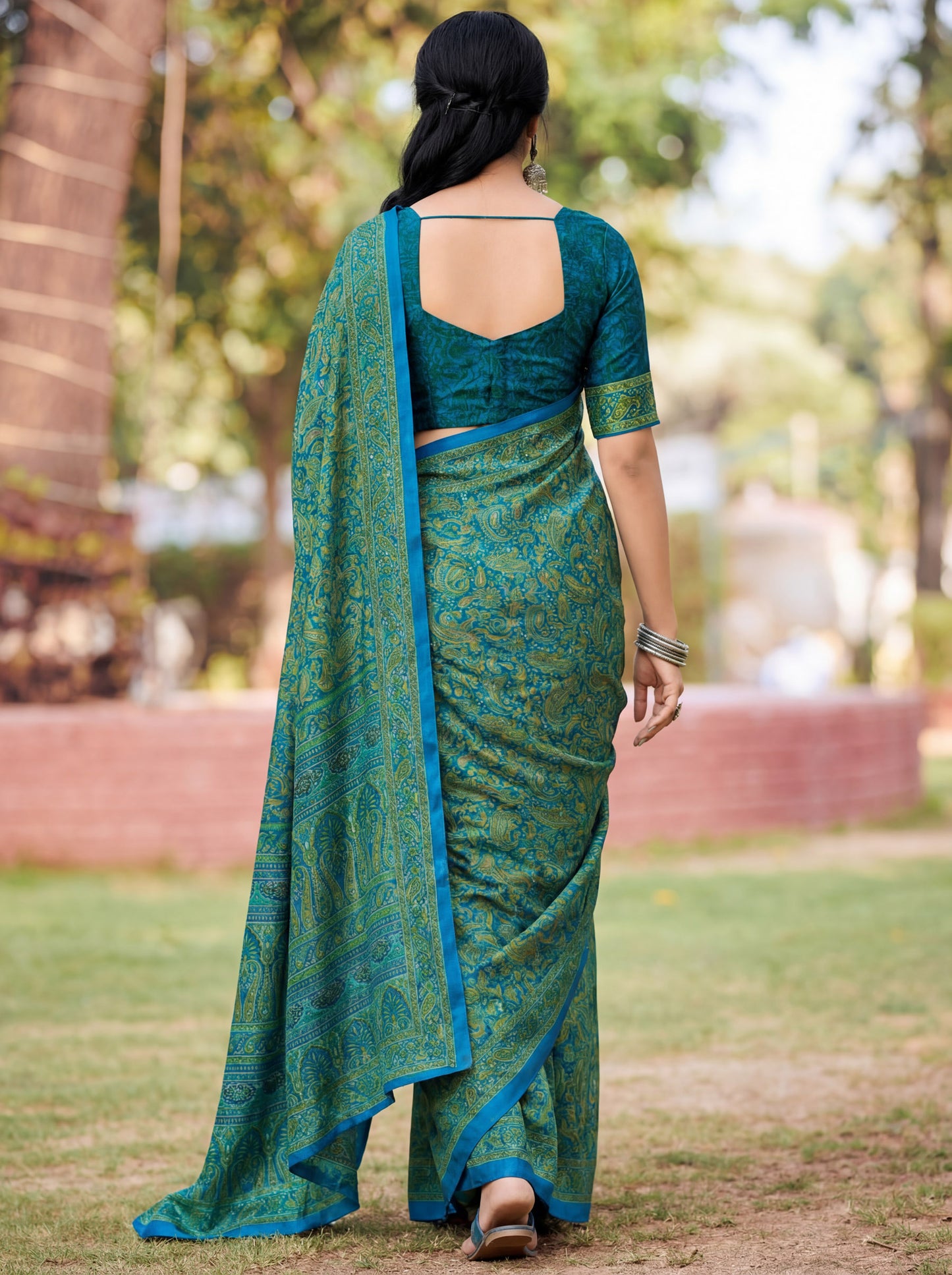 Rajkala - Teal Printed Crepe Silk Saree