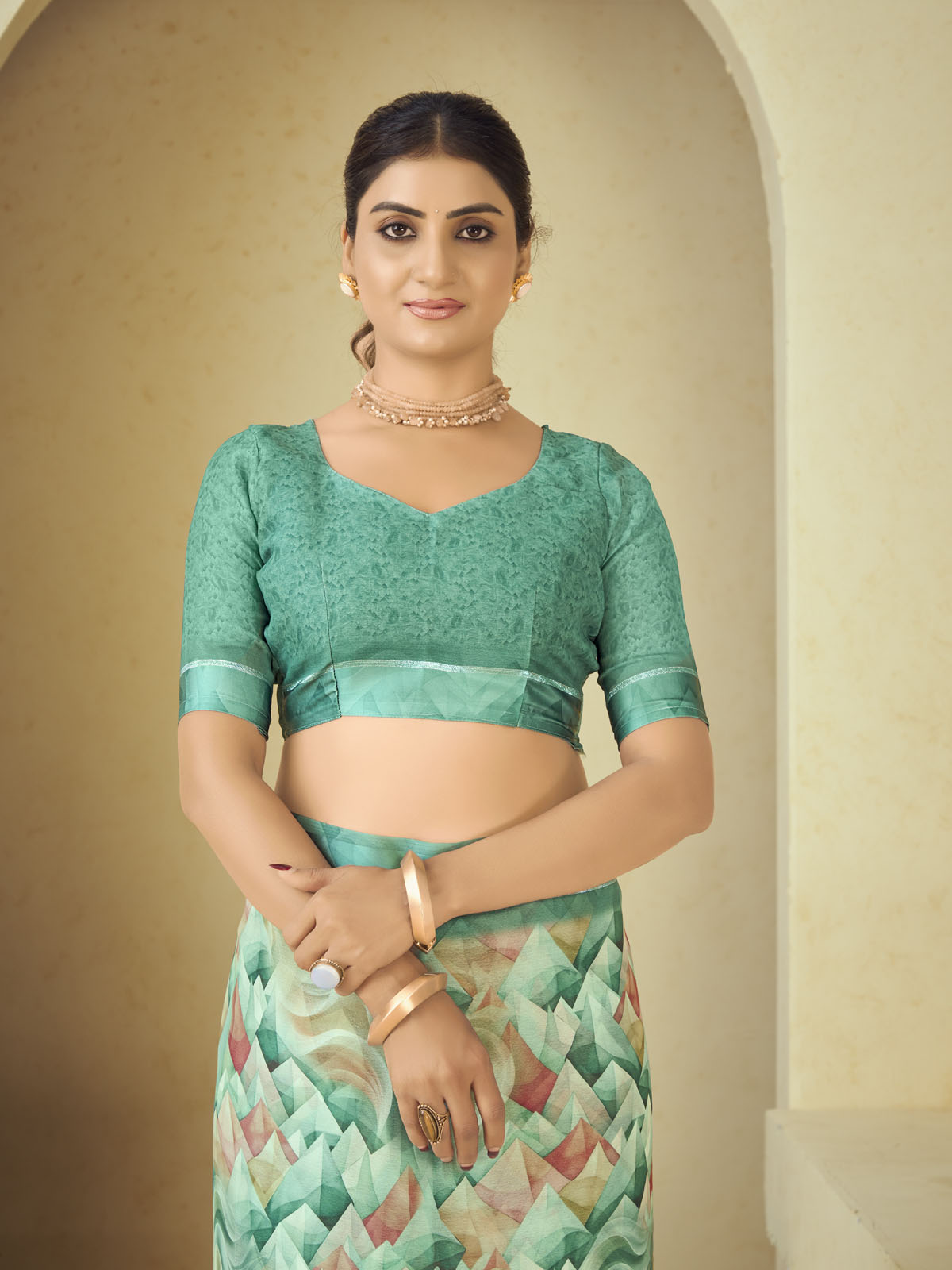 Samriddhi - Sea Green Moss Georgette Digital Print Saree with Satin Patta Border