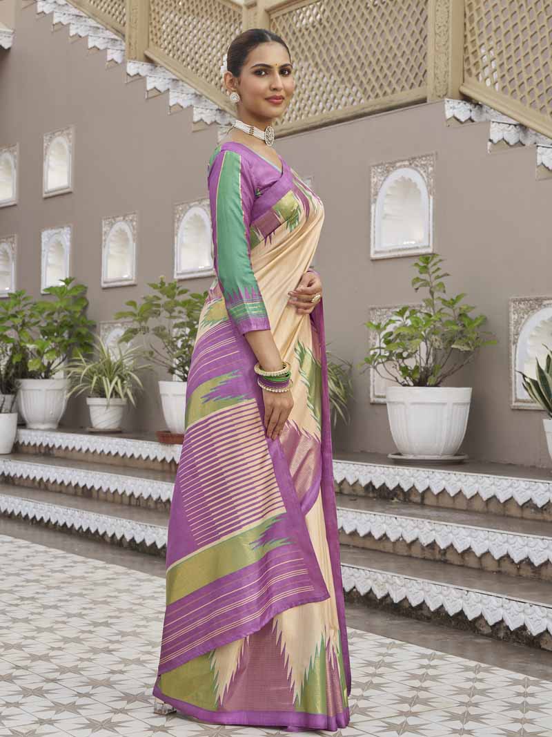 Gulmarg - Beige Silk Digital Printed Saree with Zari Border