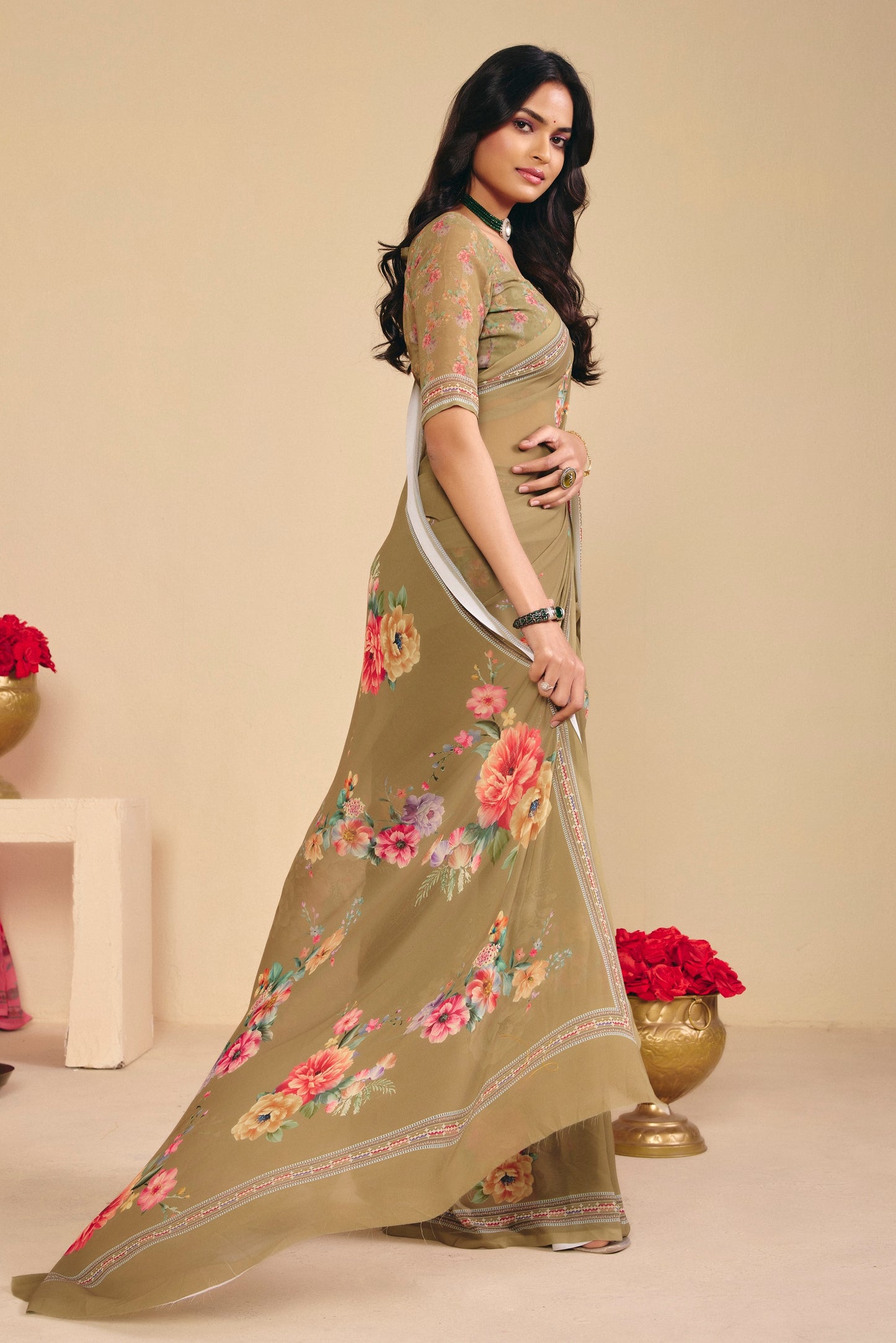 Twisha - Olive Green Georgette Digital Printed Saree