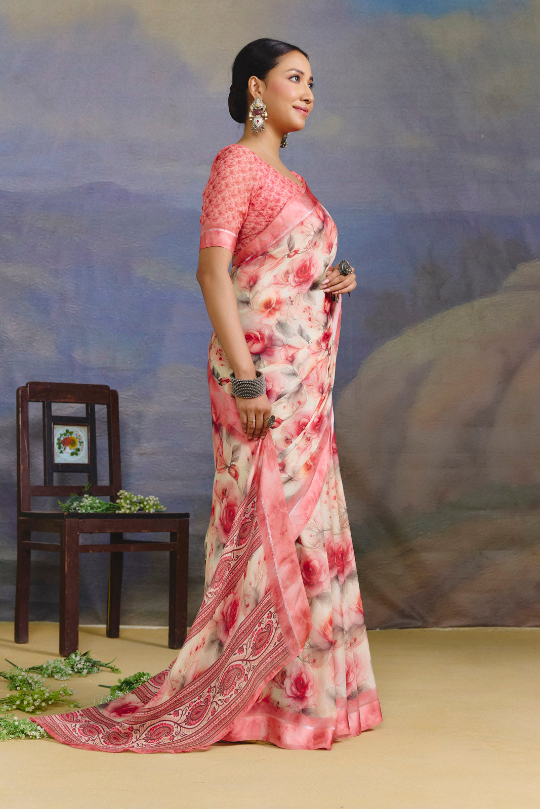 Samriddhi - Pink Moss Georgette Digital Print Saree with Satin Patta Border