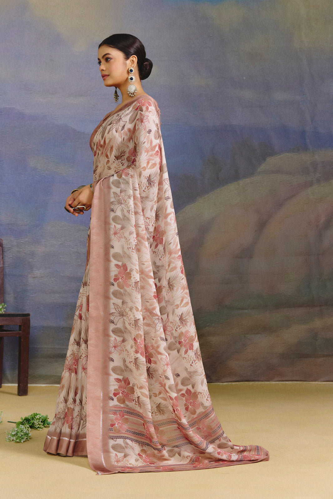 Samriddhi - Tan Moss Georgette Digital Print Saree with Satin Patta Border