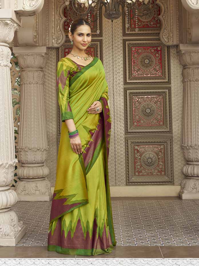 Gulmarg - Parrot Green Silk Digital Printed Saree with Zari Border