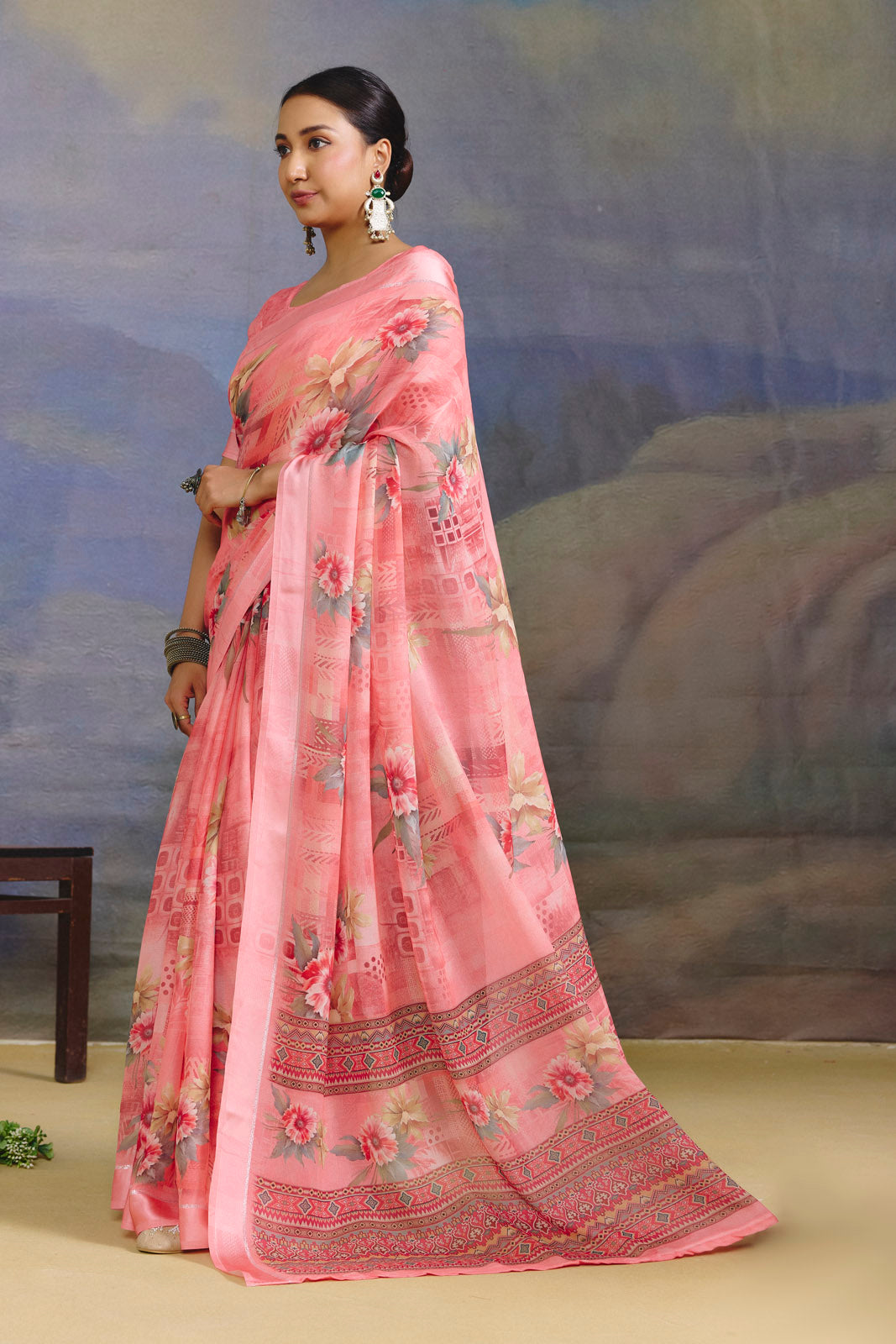 Samriddhi - Peach Moss Georgette Digital Print Saree with Satin Patta Border