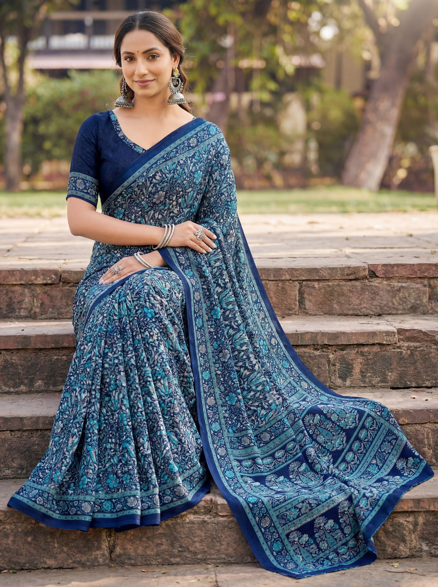 Rajkala - Blue Printed Crepe Silk Saree