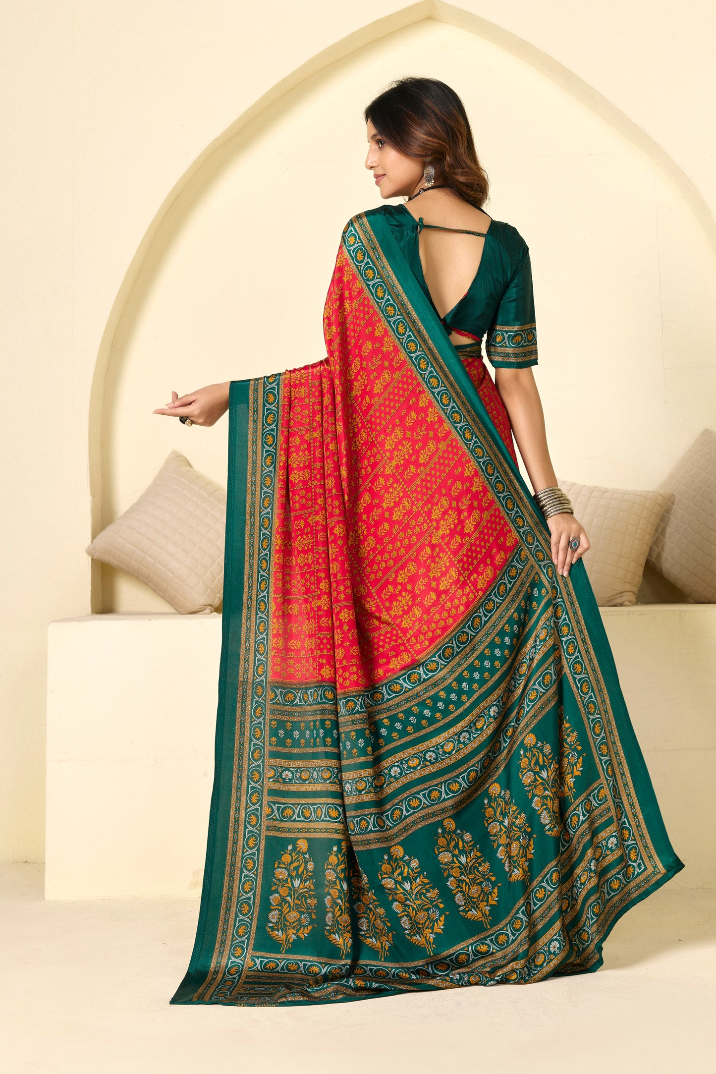Rajkala - Red Floral Printed Crepe Silk Saree
