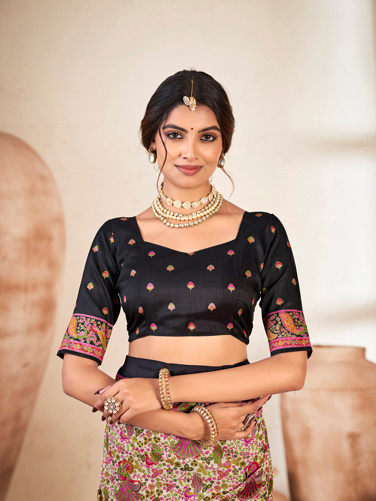Kumuda - Black Mysore Silk Jari Printed with Tessals