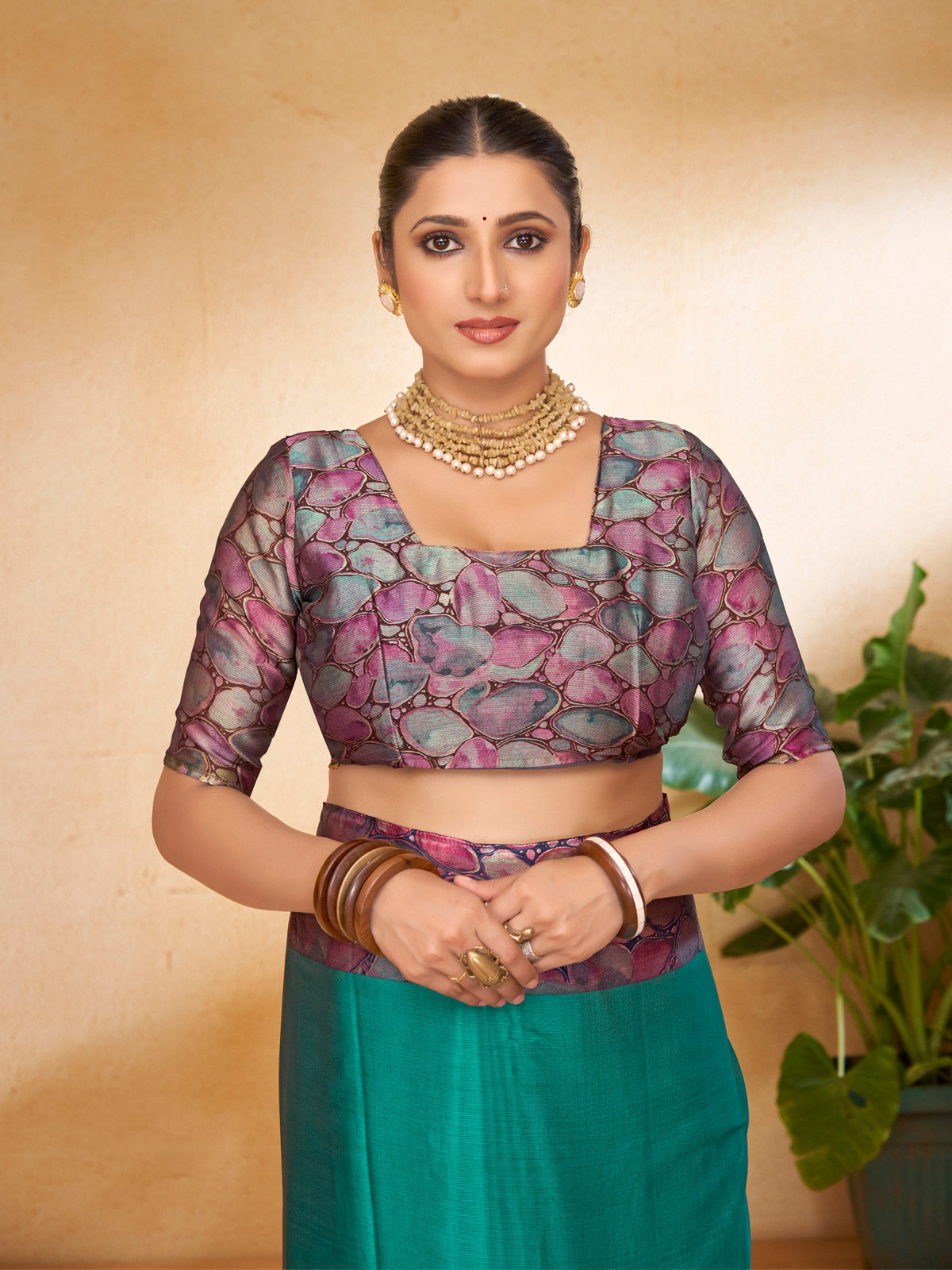 Ekvarna - Turquoise Printed Chiffon Saree