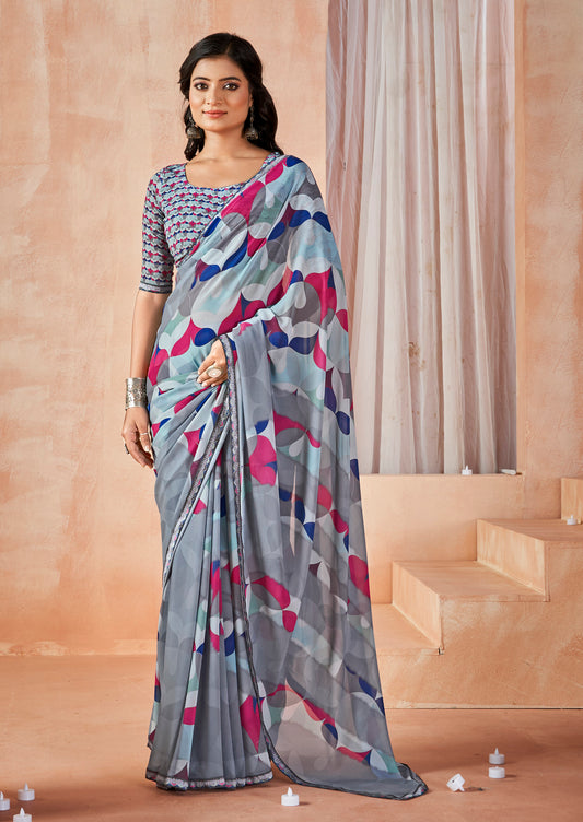 Sumedha - Grey Digital Printed Georgette Saree