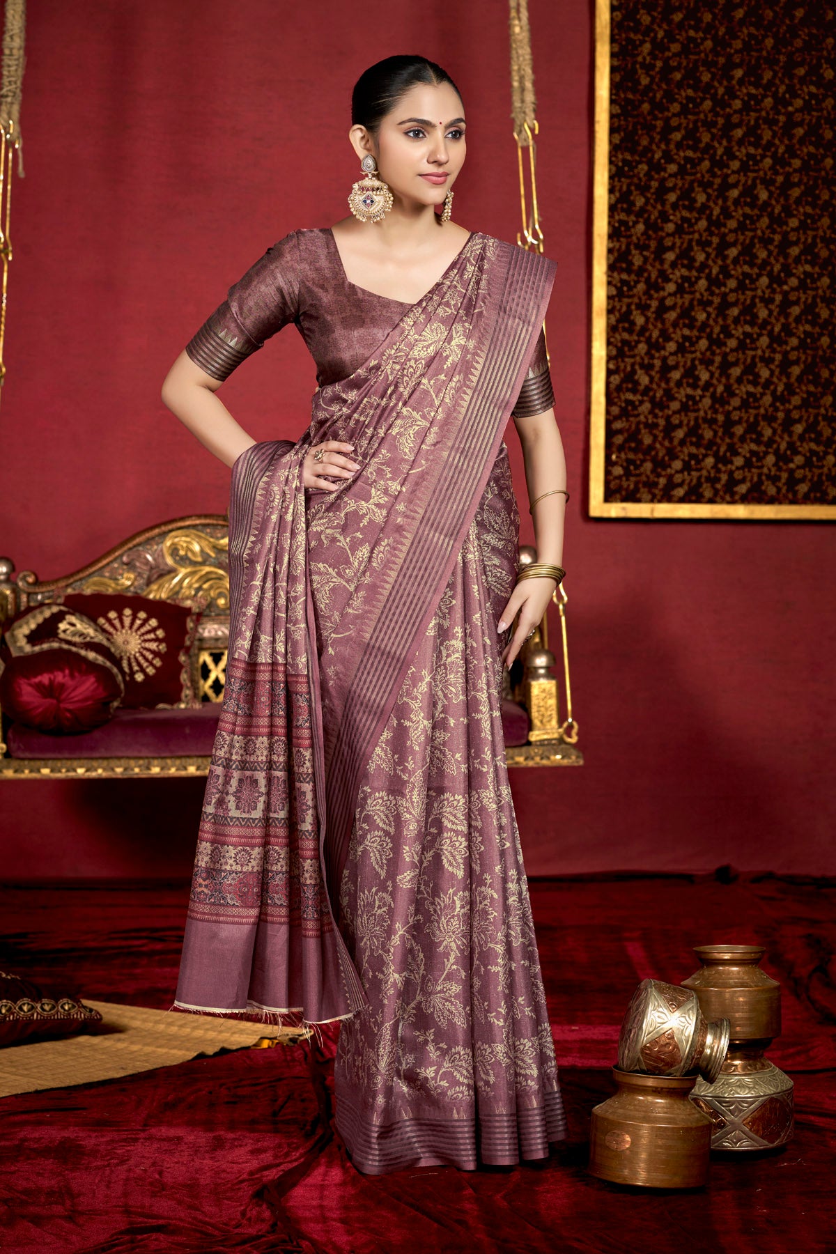 Veera - Purple Soft Silk Digital Printed Saree with Woven Border