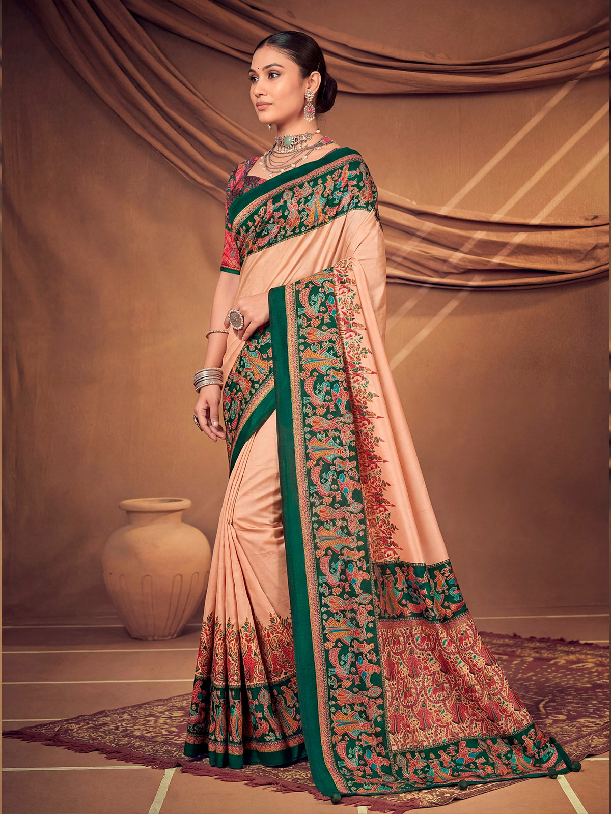 Kumuda - Peach Mysore Silk Jari Printed with Tessals