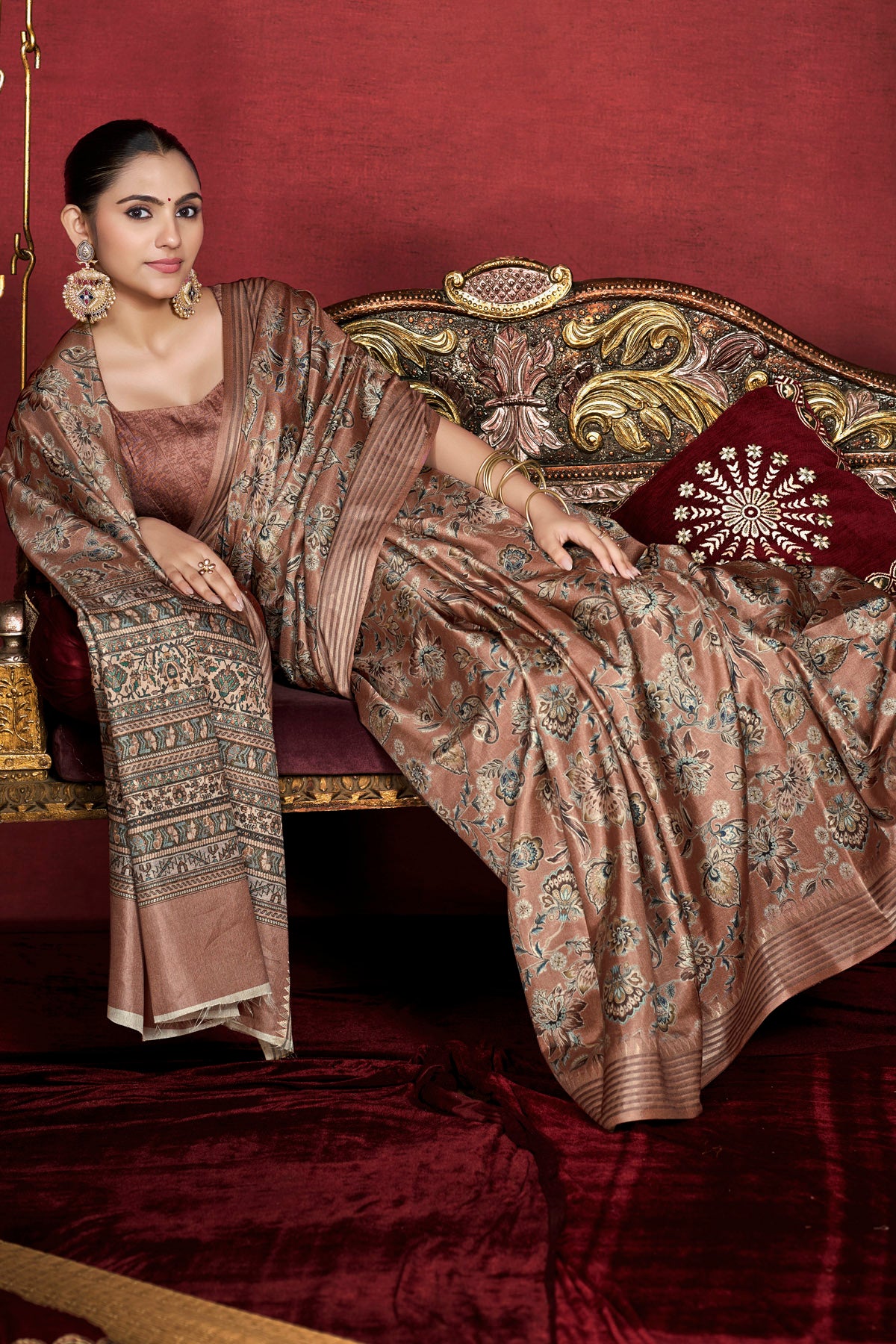 Veera - Rose Brown Soft Silk Digital Printed Saree with Woven Border