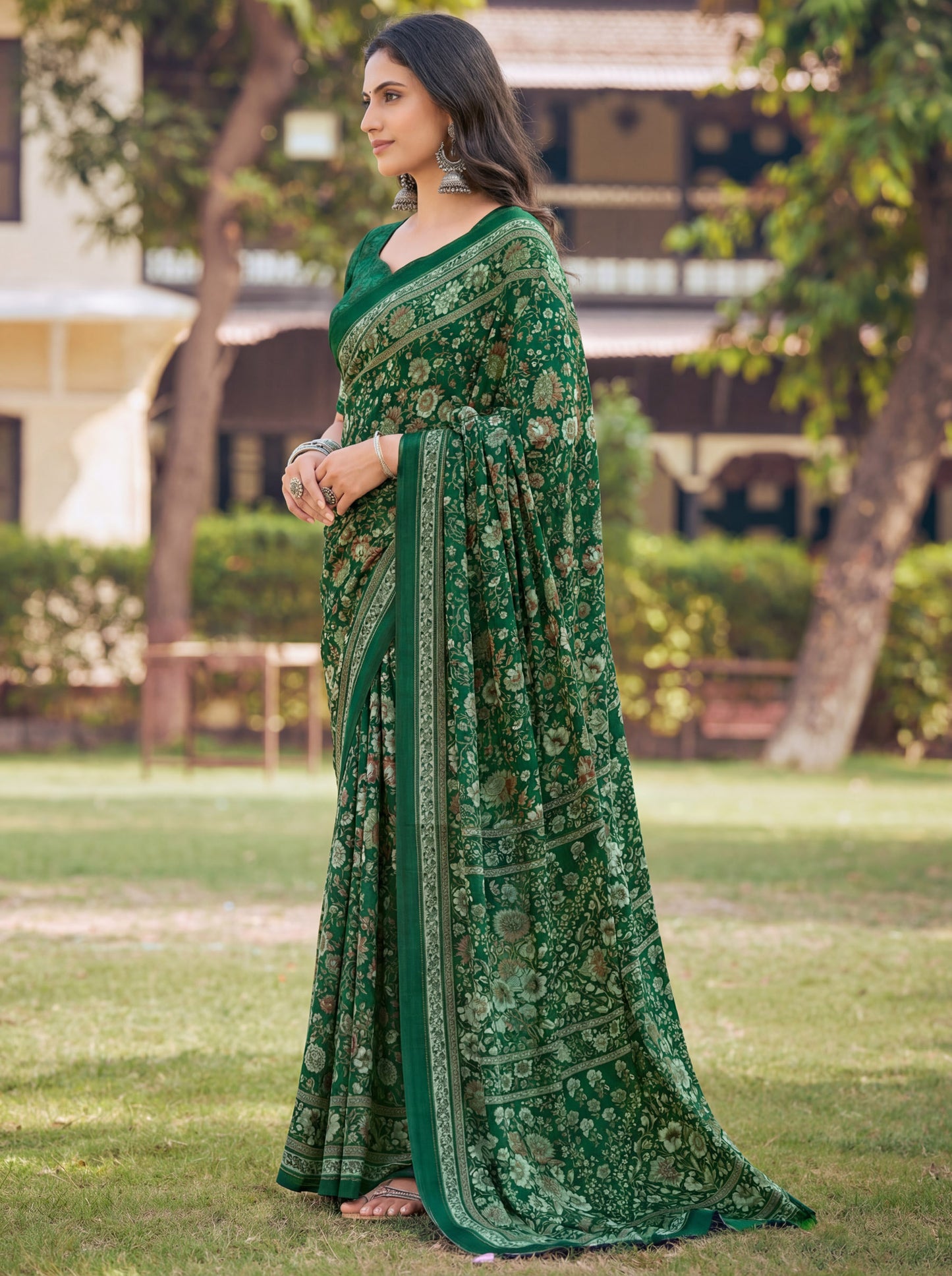 Rajkala - Green Printed Crepe Silk Saree