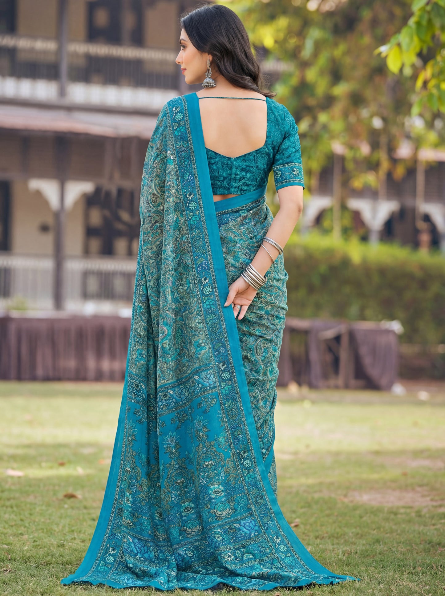Rajkala - Sea Blue Printed Crepe Silk Saree