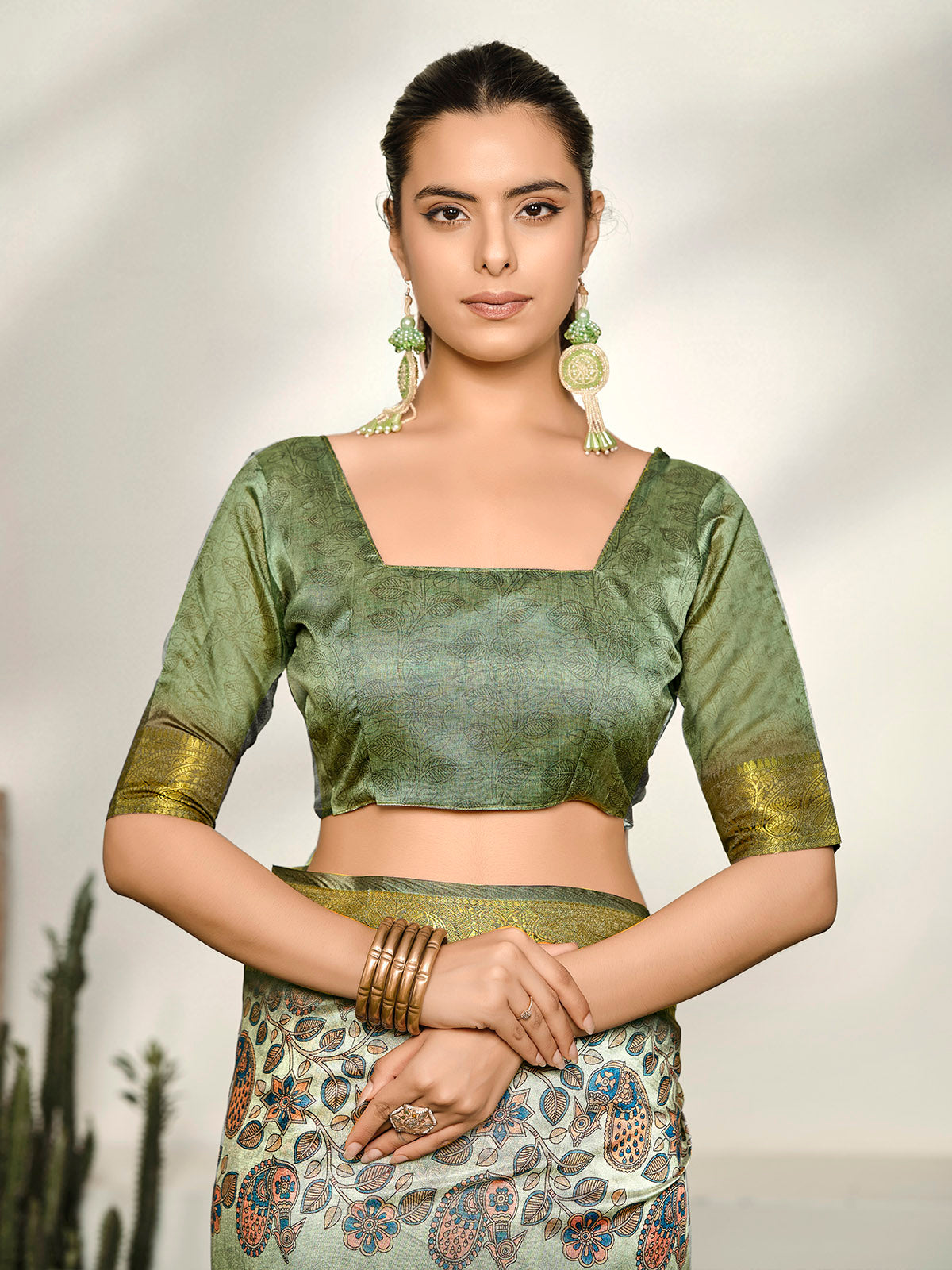 Varnika - Green Digital Printed Moss Georgette Saree with Woven Border