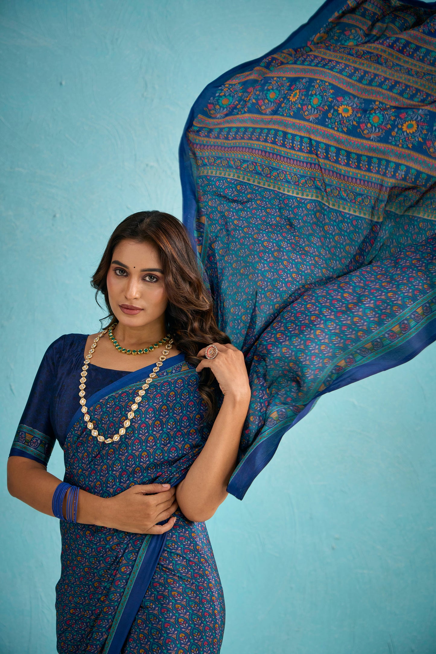 Rajkala - Blue Floral Printed Crepe Silk Saree