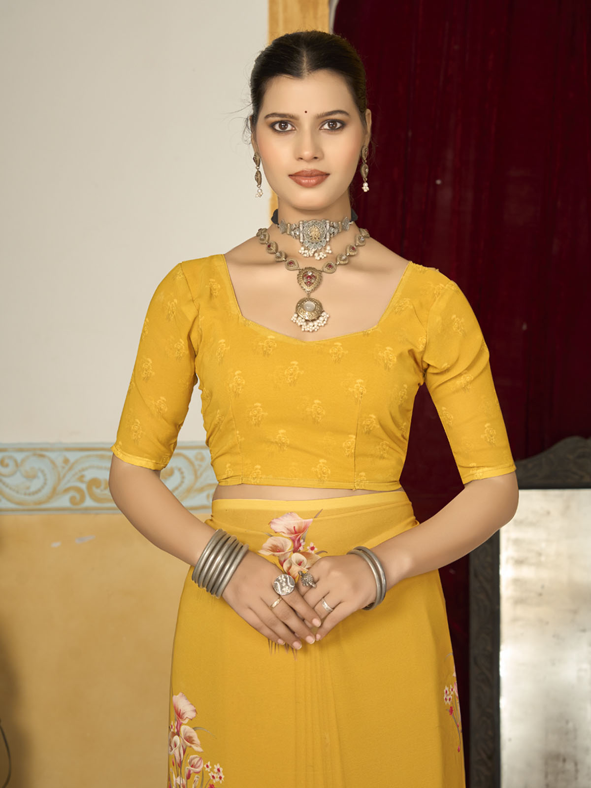 Riddhi - Yellow Georgette Floral Digital Printed Saree
