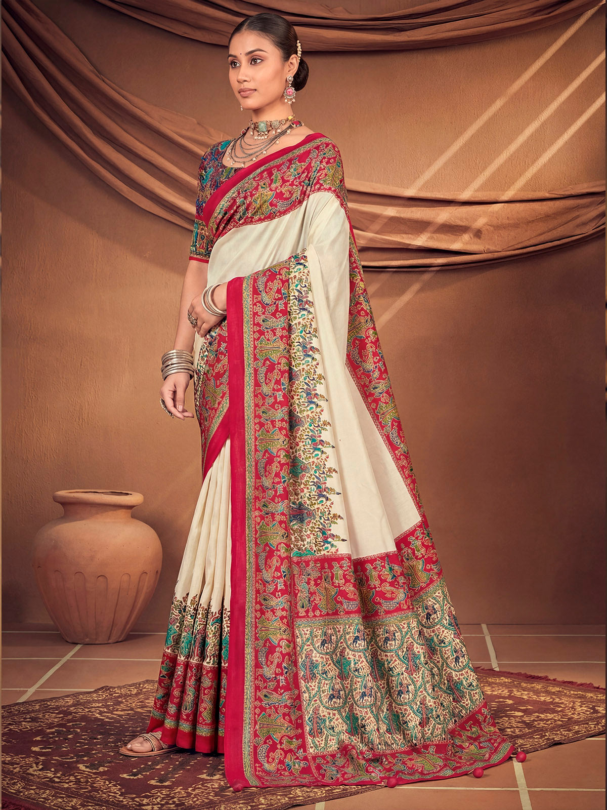 Kumuda - Cream Mysore Silk Jari Printed with Tessals
