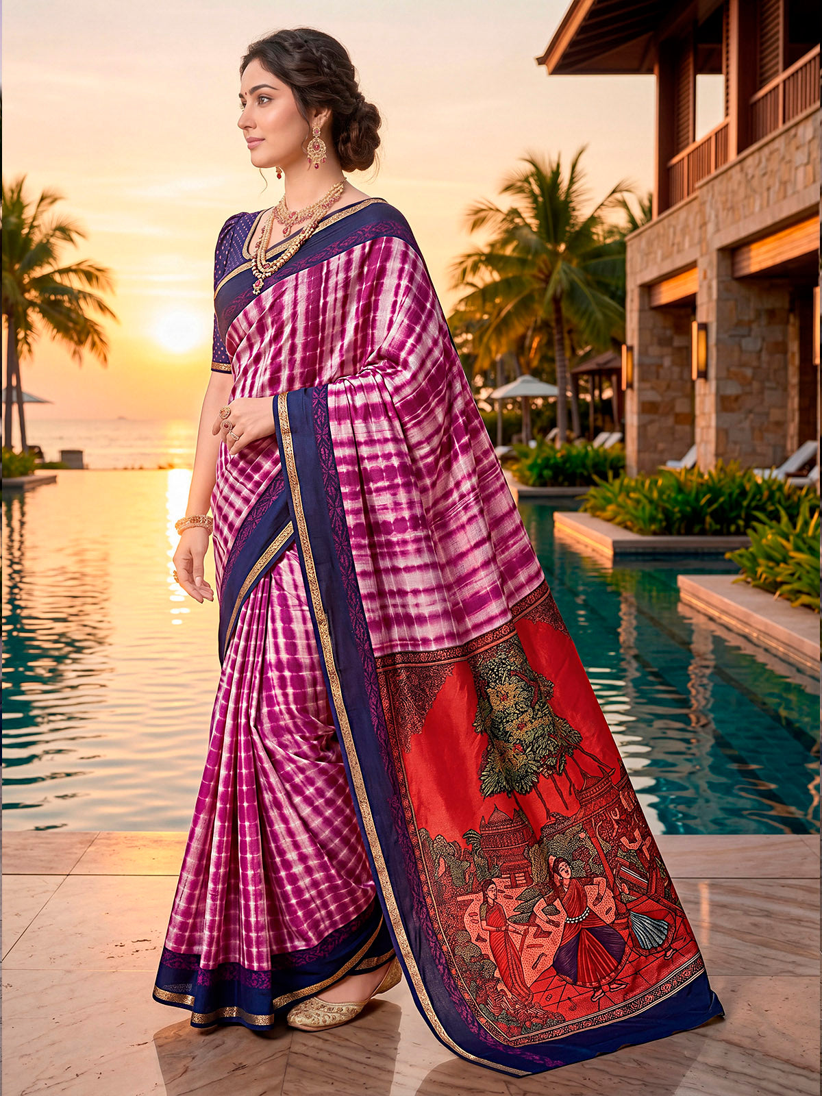 Monalisa - Purple Printed Liva Cotton Silk Saree