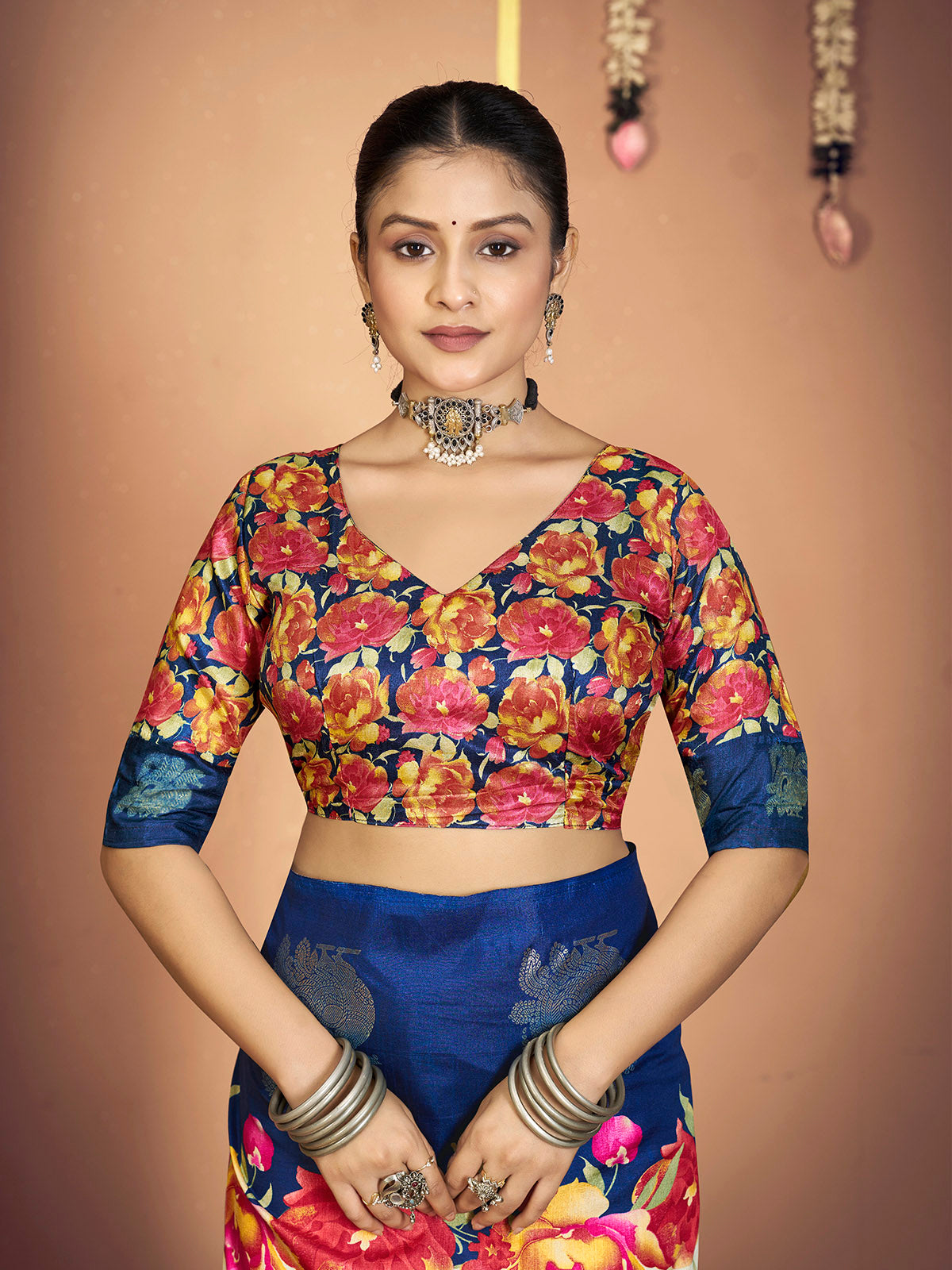 Rajkumari - Blue Printed Soft Silk Saree with Silk Foil Work