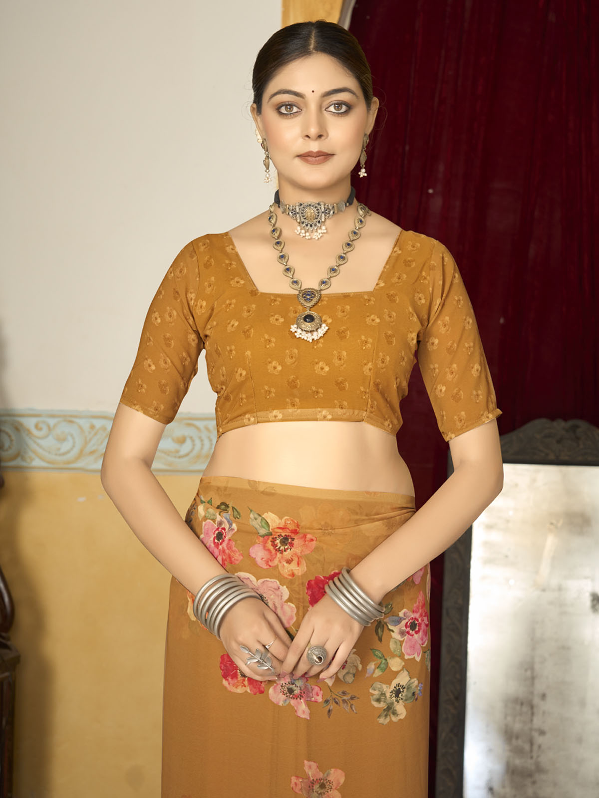 Riddhi - Orange Georgette Floral Digital Printed Saree
