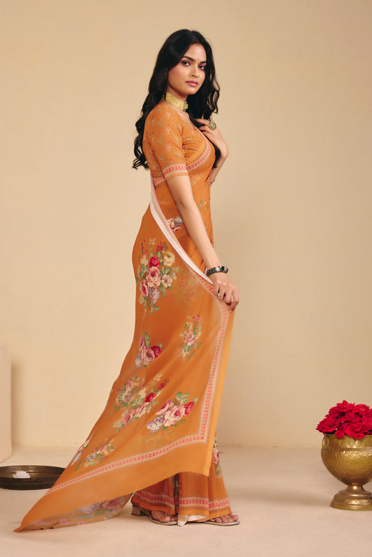 Twisha - Orange Georgette Digital Printed Saree